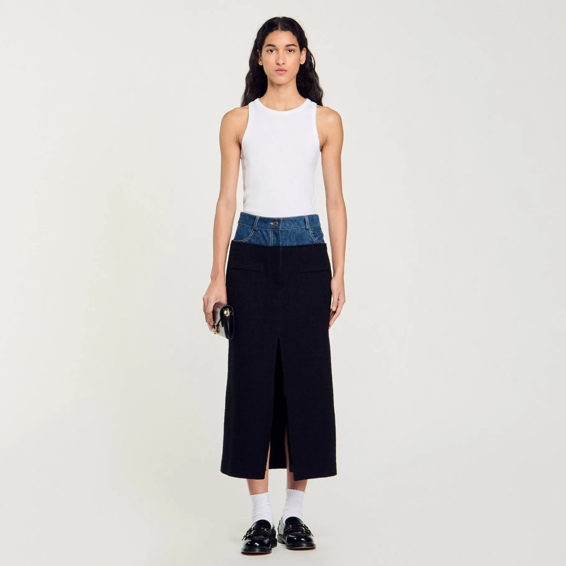 Online SANDRO Jupe Bimatière Denim Et Tweed Noir