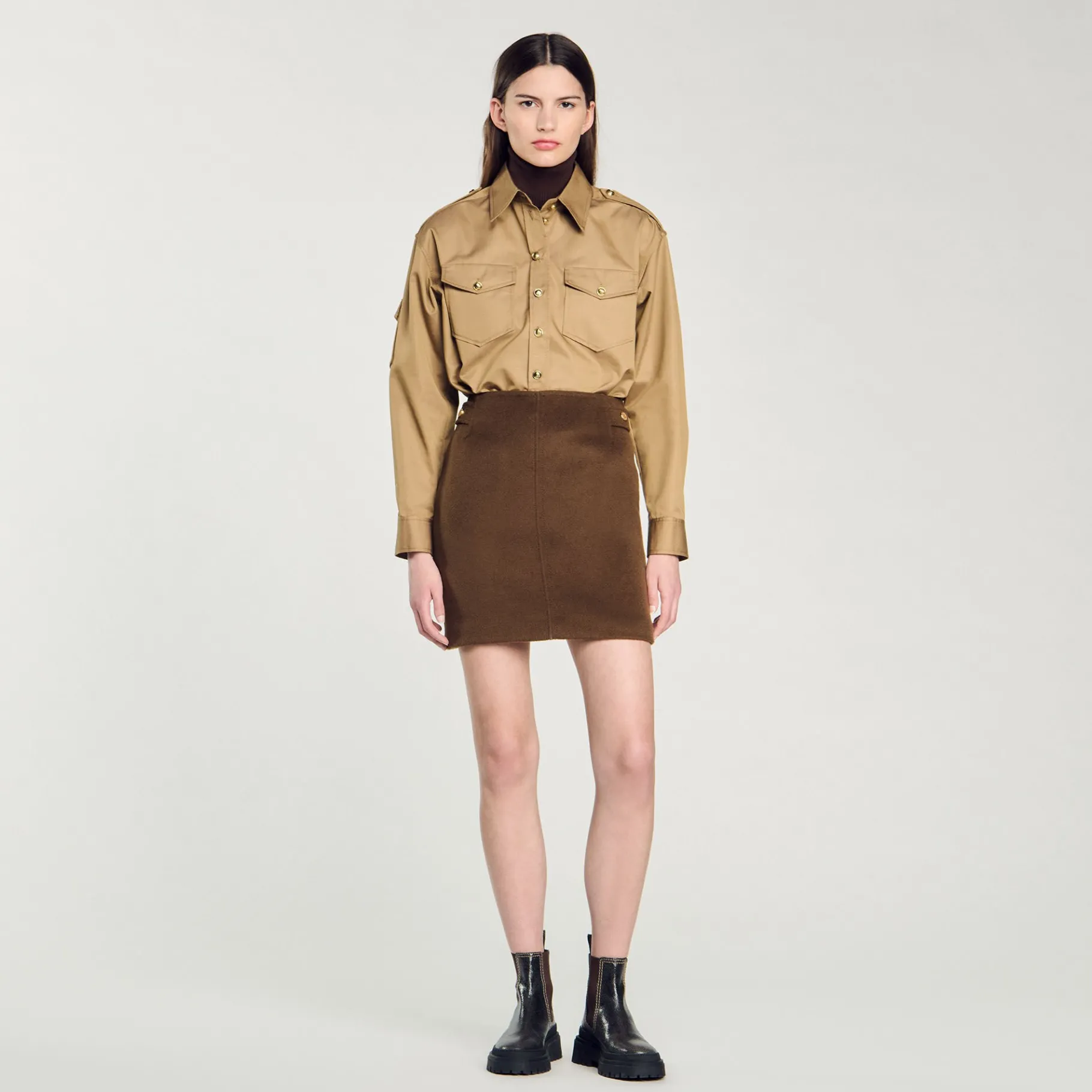 Online SANDRO Jupe Courte En Laine Double Face Kaki