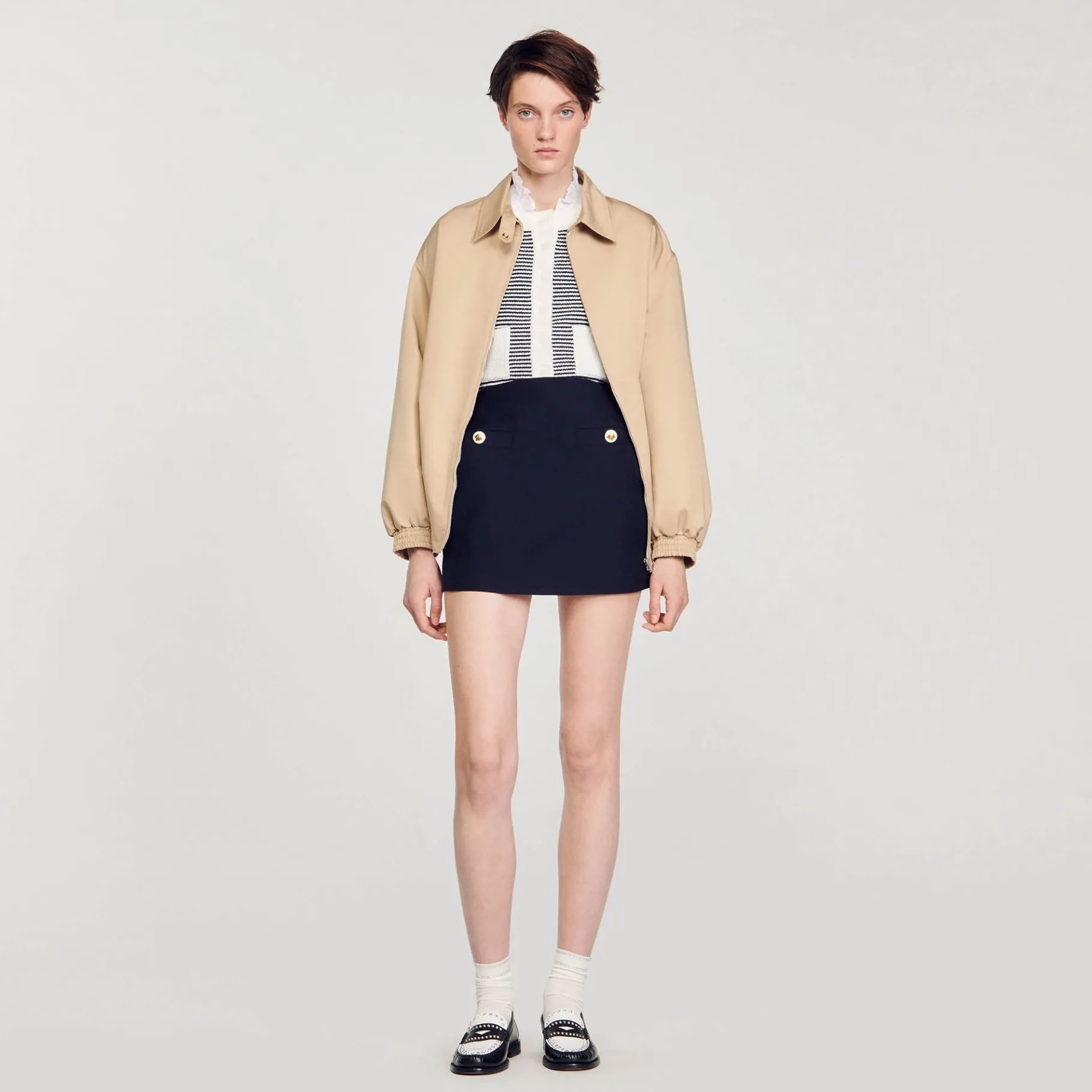 Outlet SANDRO Jupe Courte En Twill De Laine Bleu marine