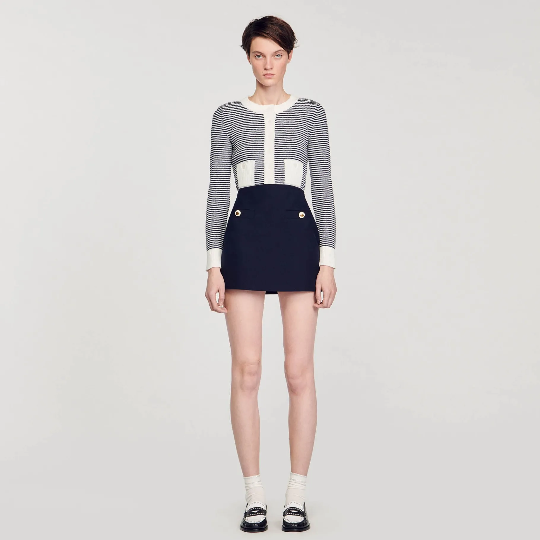 Outlet SANDRO Jupe Courte En Twill De Laine Bleu marine