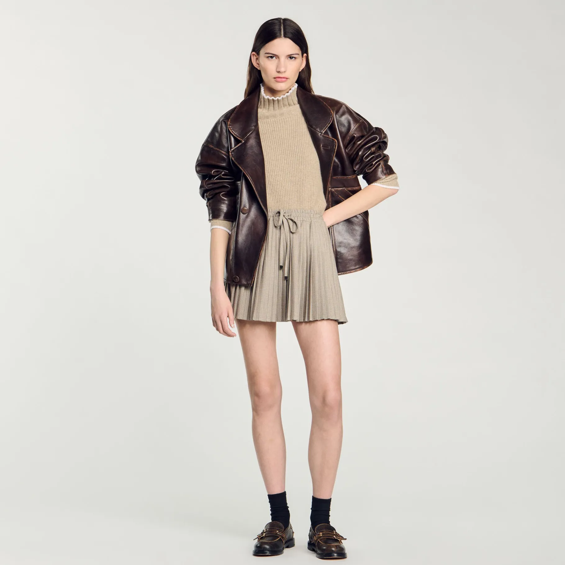 Discount SANDRO Jupe Courte Plissée Camel
