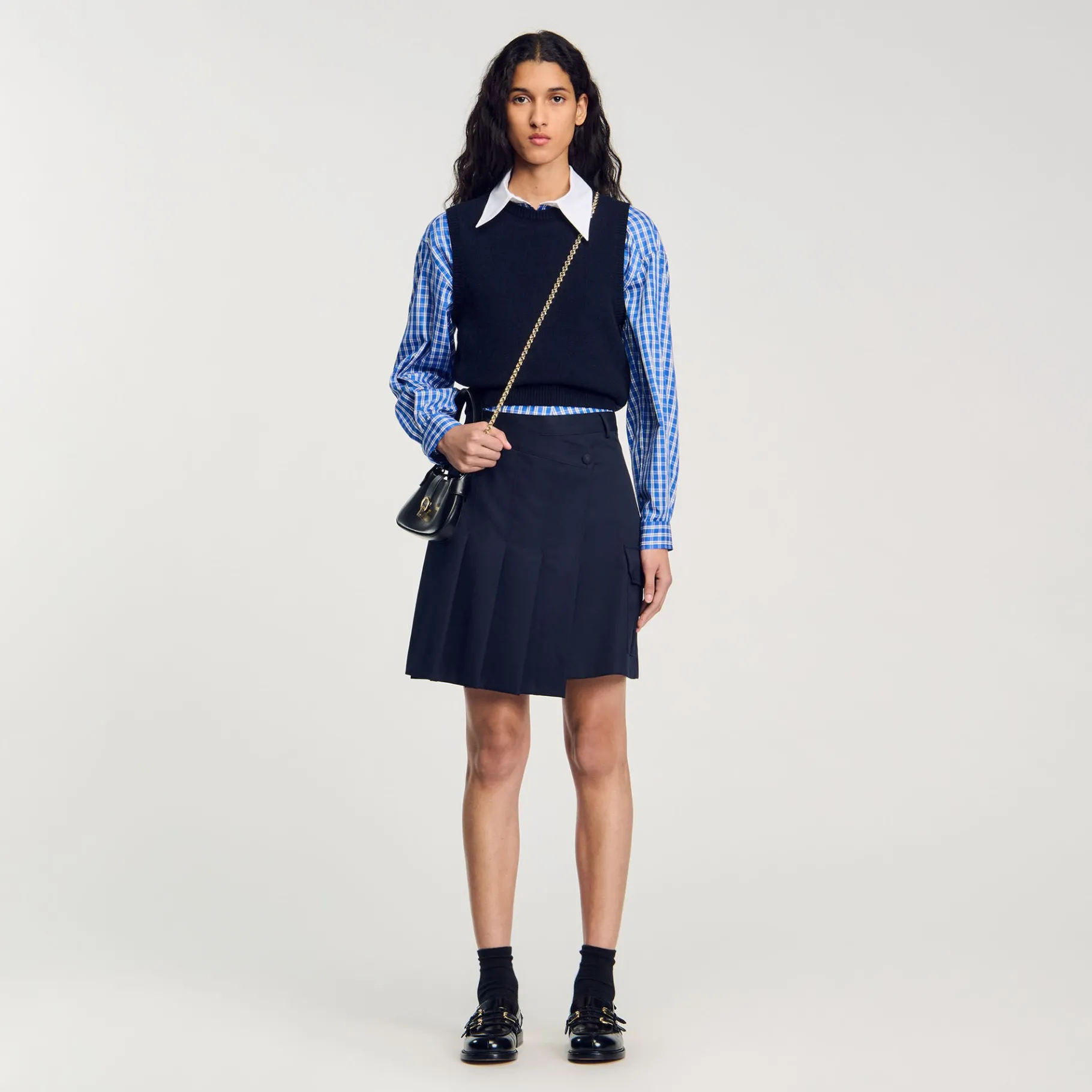 New SANDRO Jupe Courte Plissée Asymétrique Marine