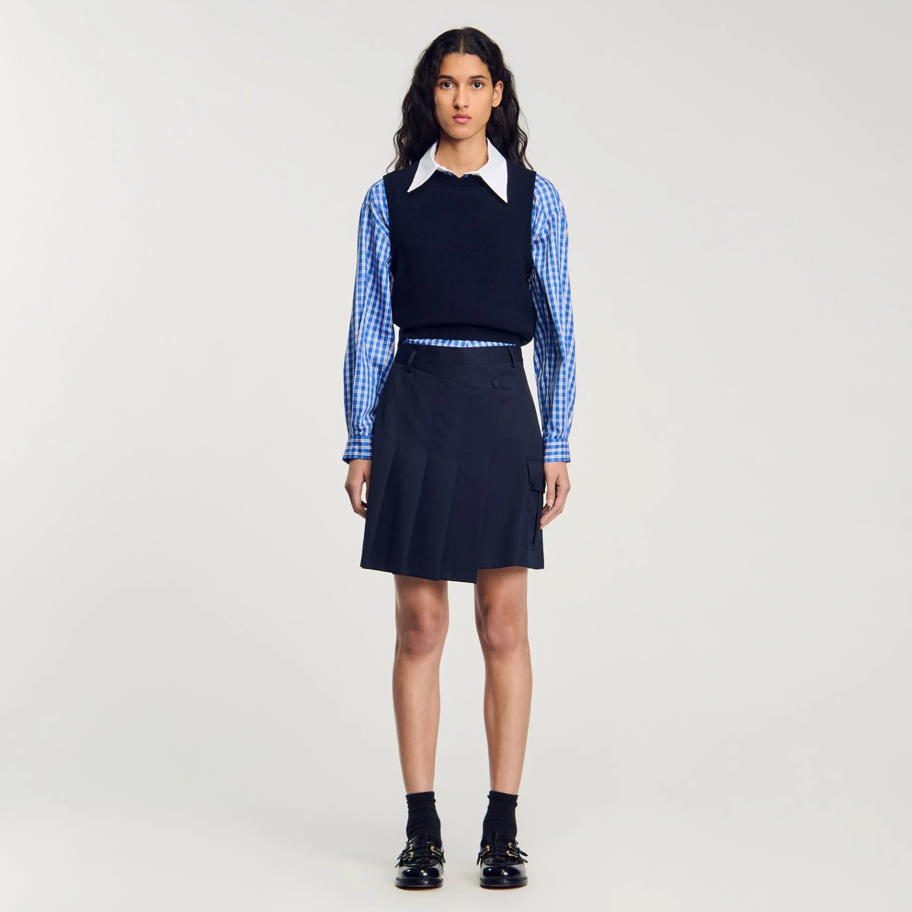 New SANDRO Jupe Courte Plissée Asymétrique Marine