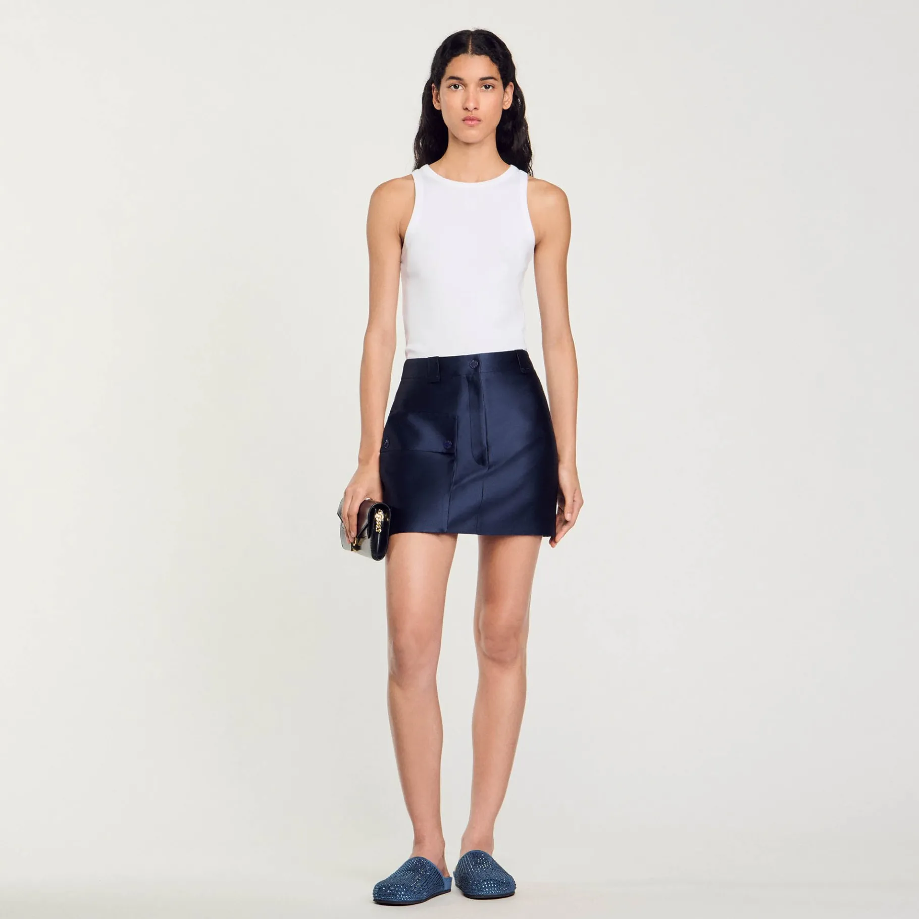Clearance SANDRO Jupe Courte Satinée Bleu Nuit
