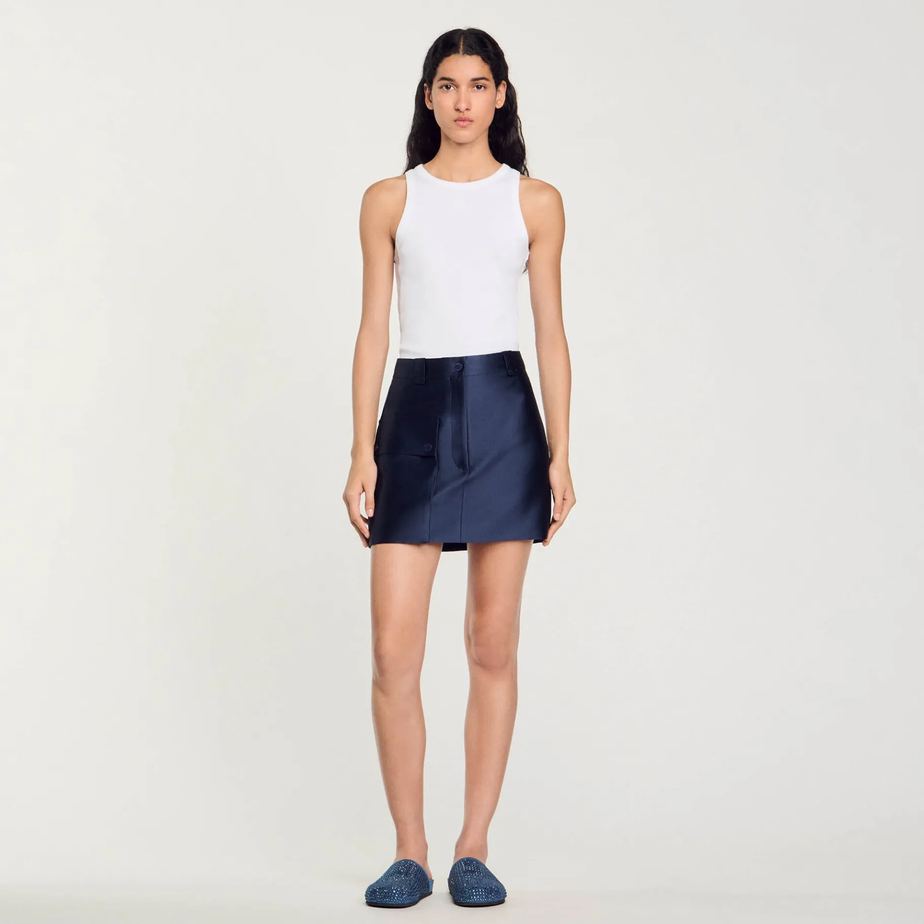 Clearance SANDRO Jupe Courte Satinée Bleu Nuit