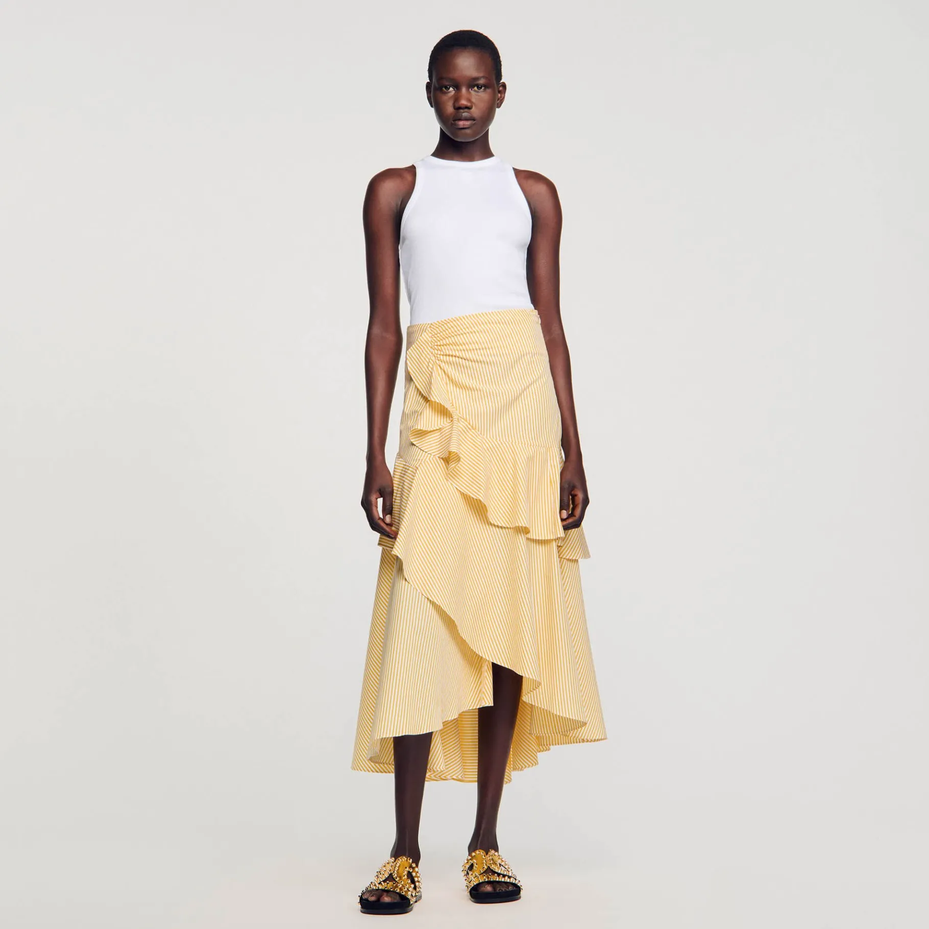 Best Sale SANDRO Jupe Longue Asymétrique Jaune / Ecru
