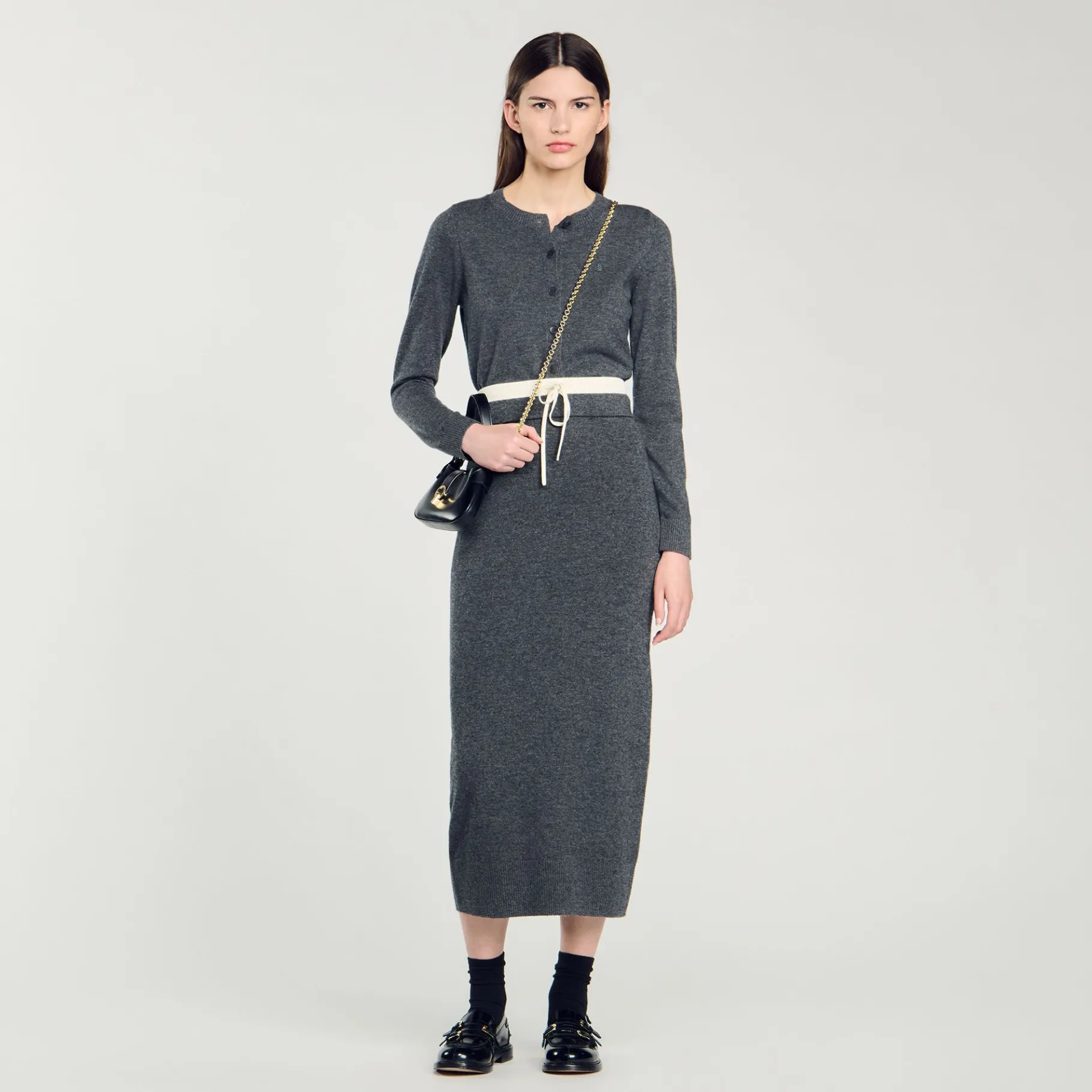 Shop SANDRO Jupe Longue Double Ceinture Gris Foncé