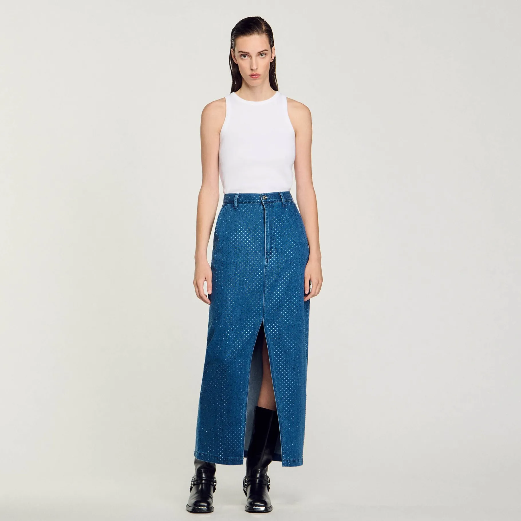Discount SANDRO Jupe Longue En Jean Strassé Bleu jean