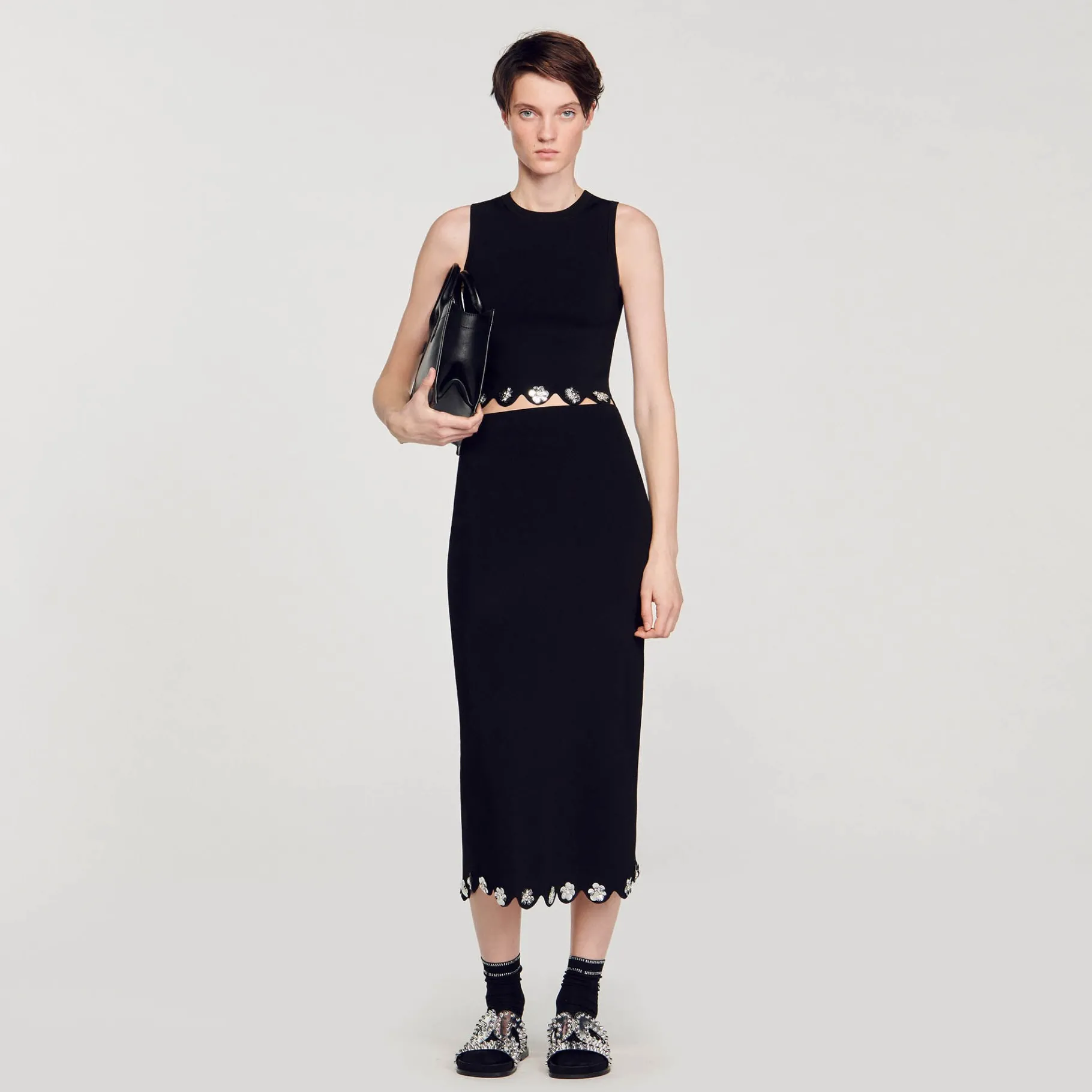 Sale SANDRO Jupe Longue En Maille Noir