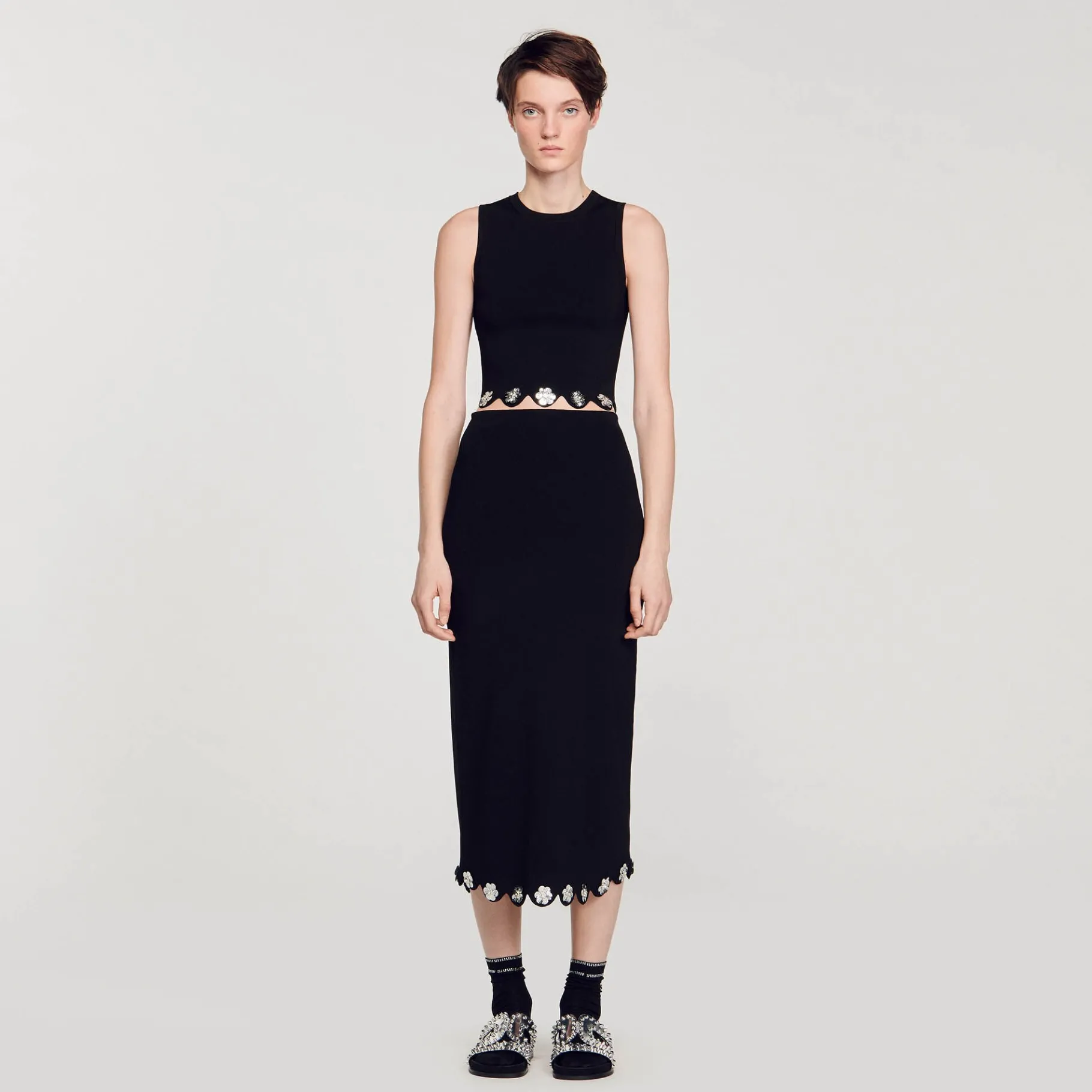 Sale SANDRO Jupe Longue En Maille Noir