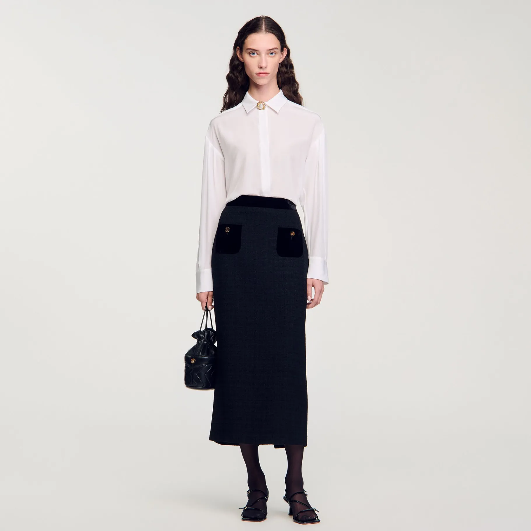 Outlet SANDRO Jupe Longue En Tweed Et Velours Noir