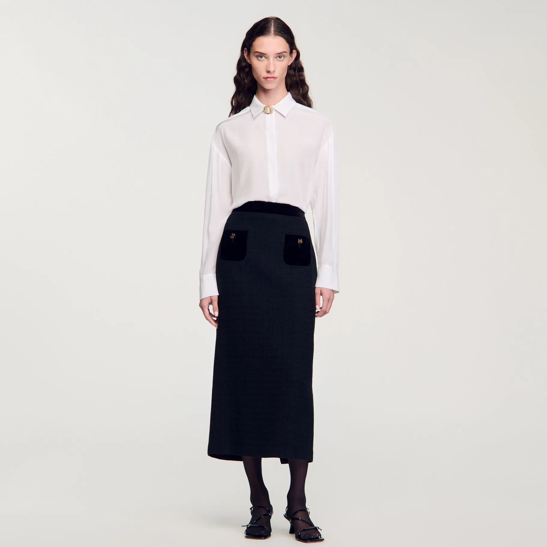 Outlet SANDRO Jupe Longue En Tweed Et Velours Noir
