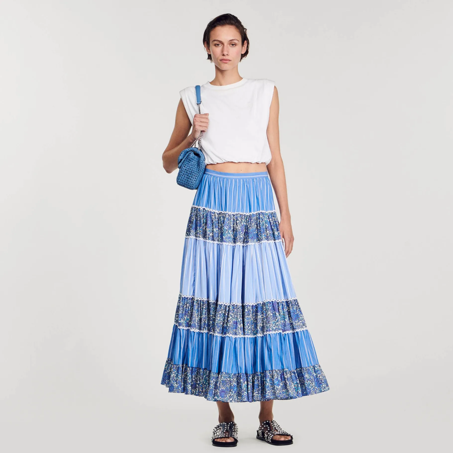 Store SANDRO Jupe Longue Patchworks Bleu / Blanc