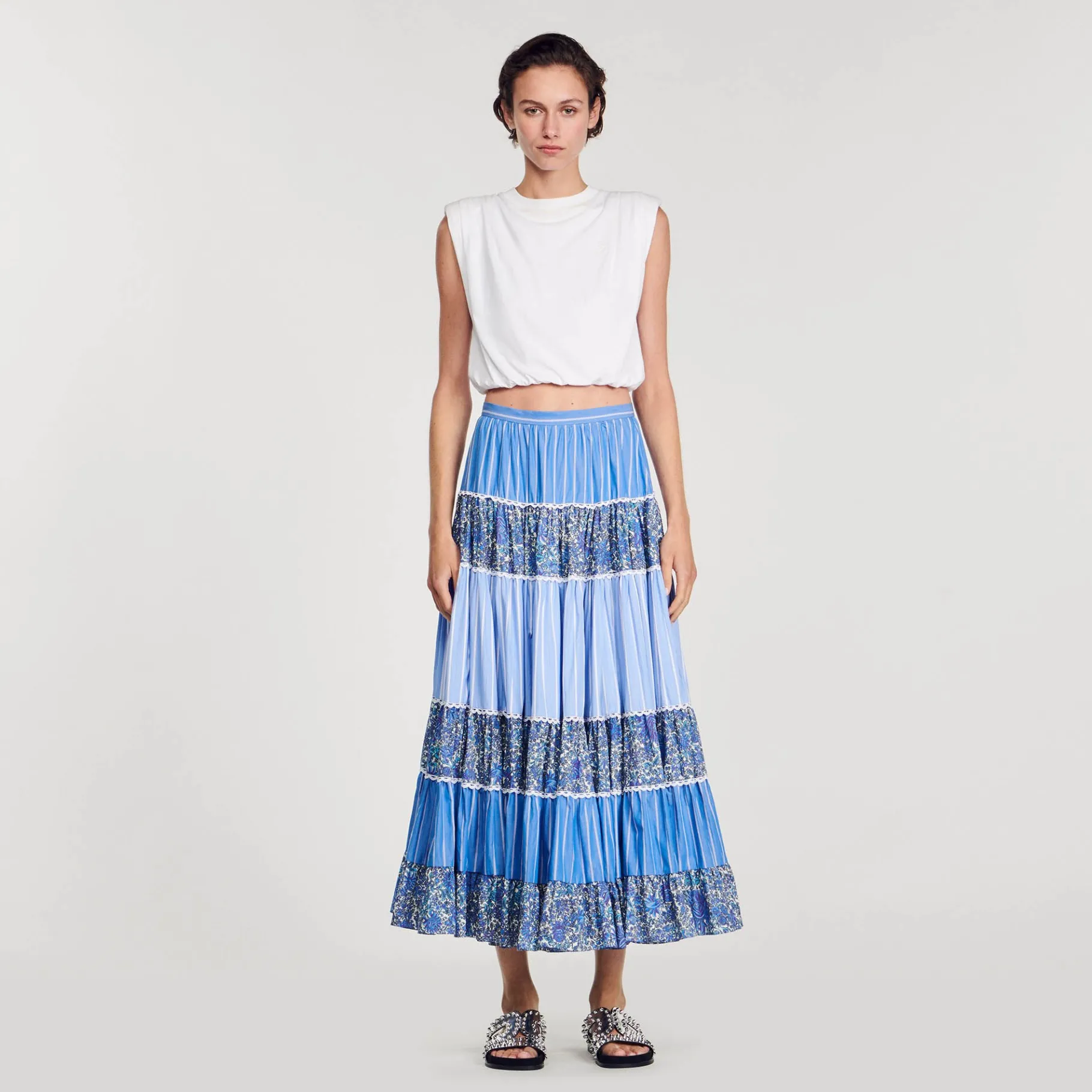 Store SANDRO Jupe Longue Patchworks Bleu / Blanc