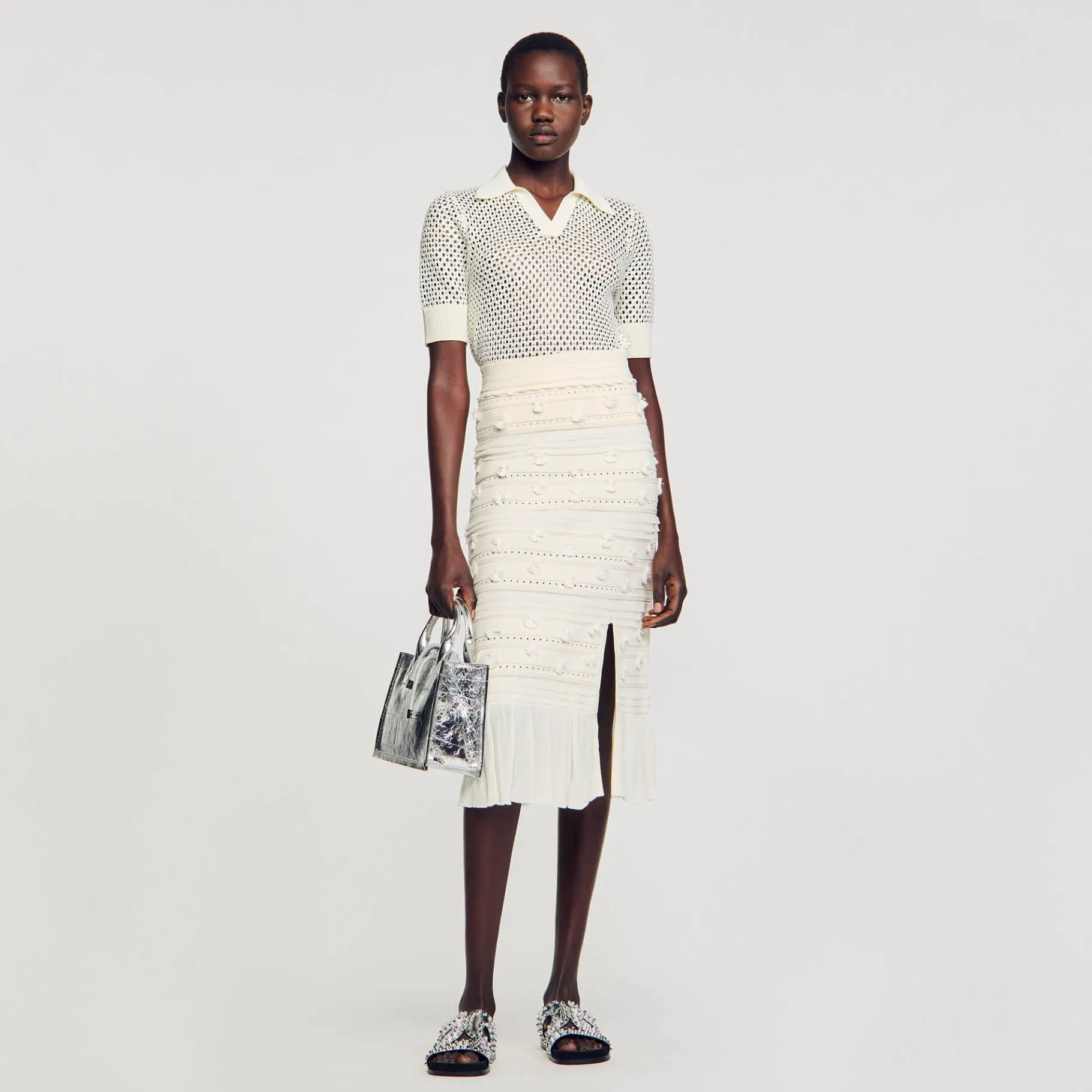 Best Sale SANDRO Jupe Midi En Maille Ajourée Ecru