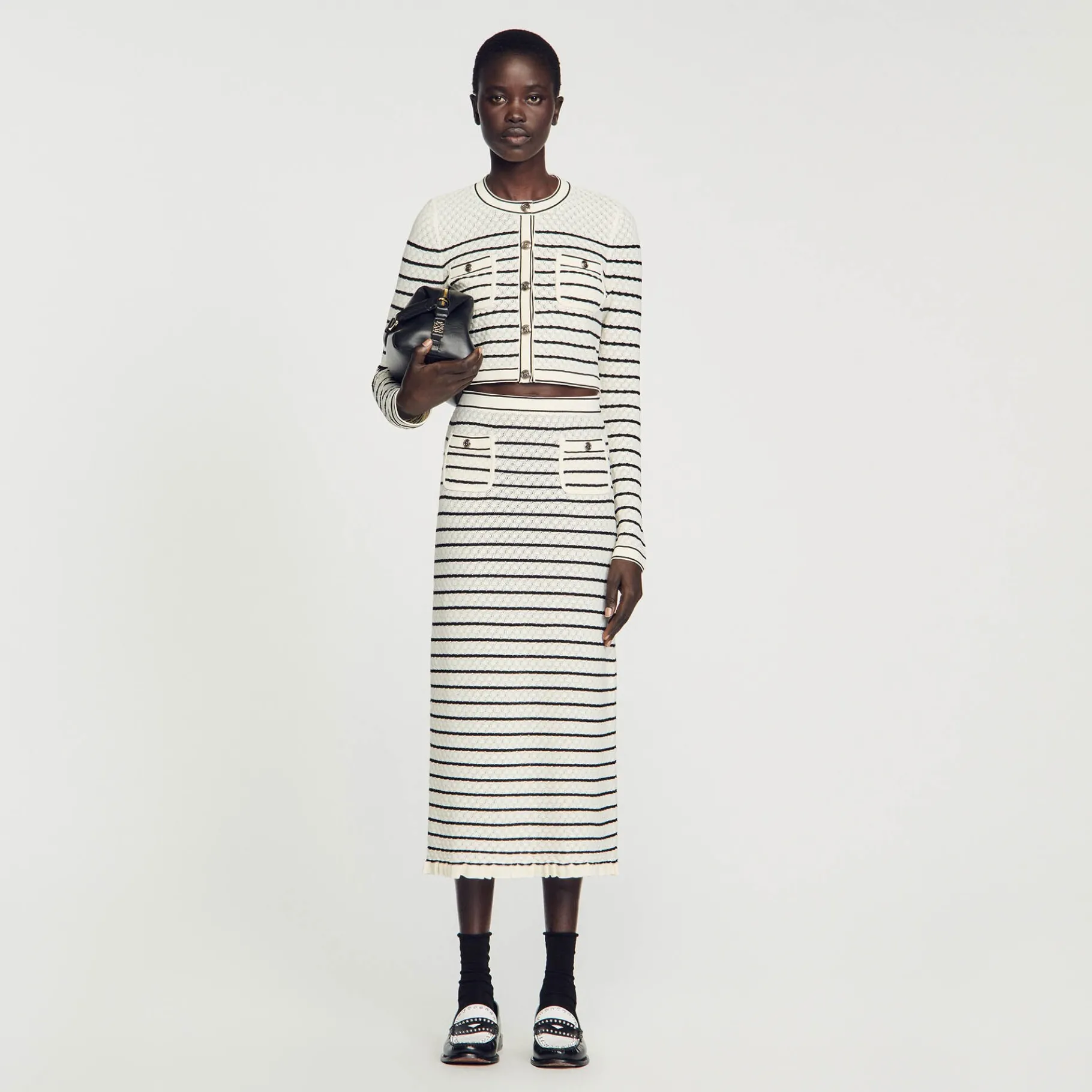 Store SANDRO Jupe Midi En Maille Rayée Blanc / Noir