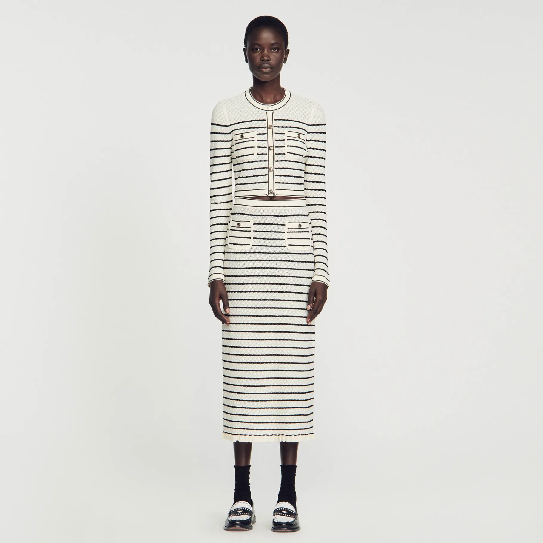 Store SANDRO Jupe Midi En Maille Rayée Blanc / Noir