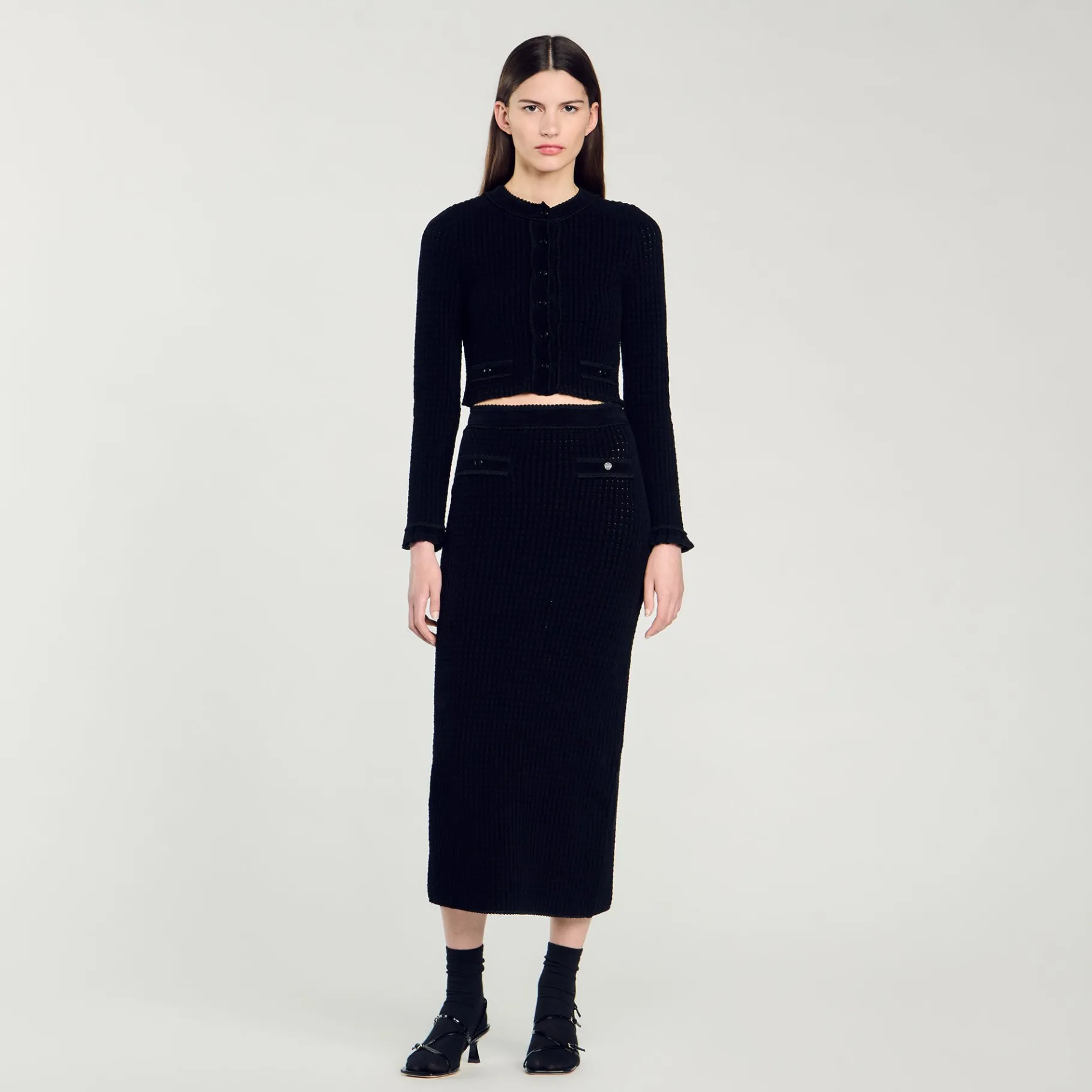 Fashion SANDRO Jupe Midi En Maille Velours Noir