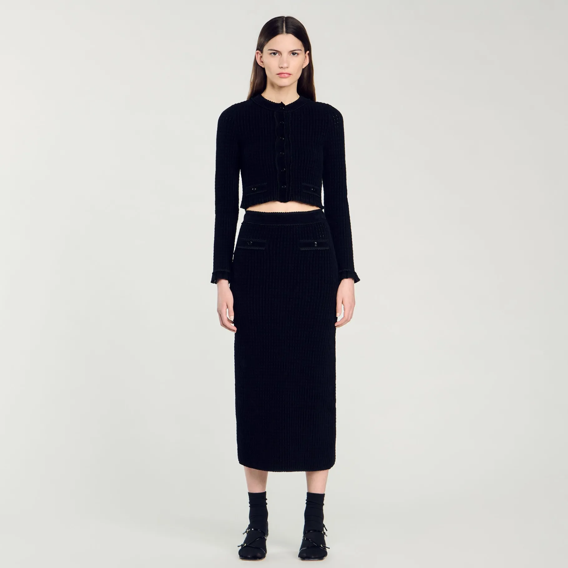 Fashion SANDRO Jupe Midi En Maille Velours Noir