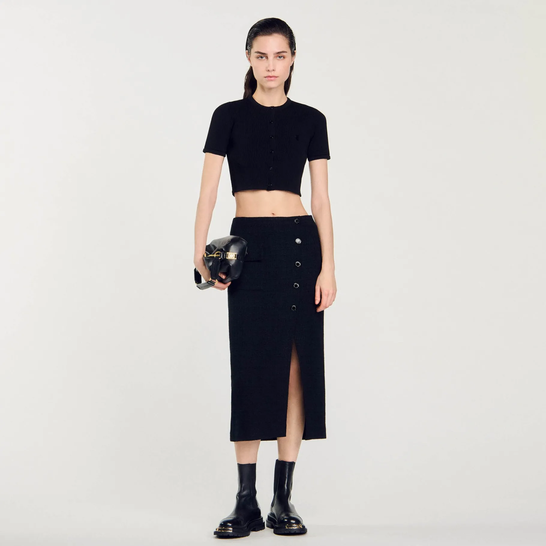 Store SANDRO Jupe Midi En Tweed Noir