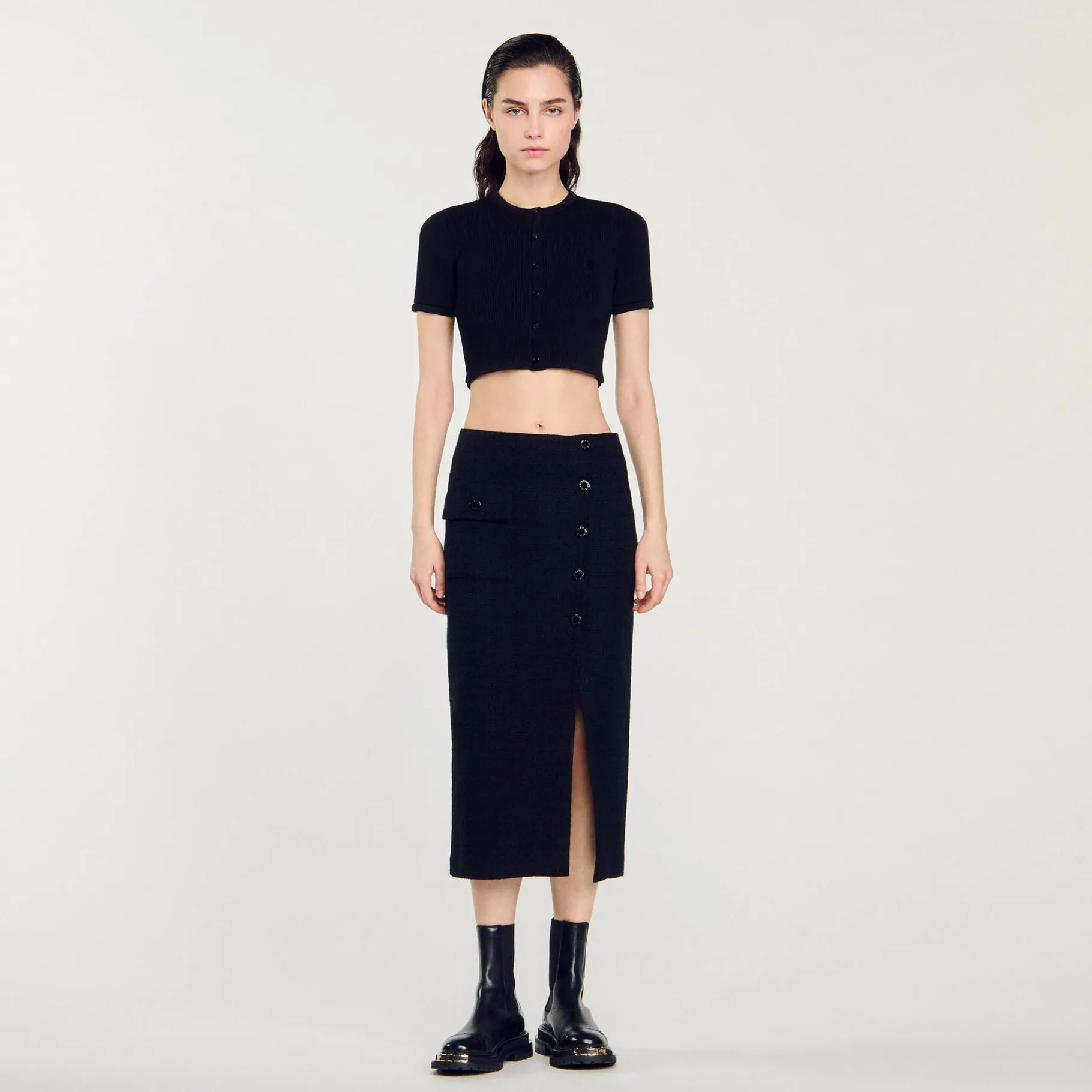 Store SANDRO Jupe Midi En Tweed Noir