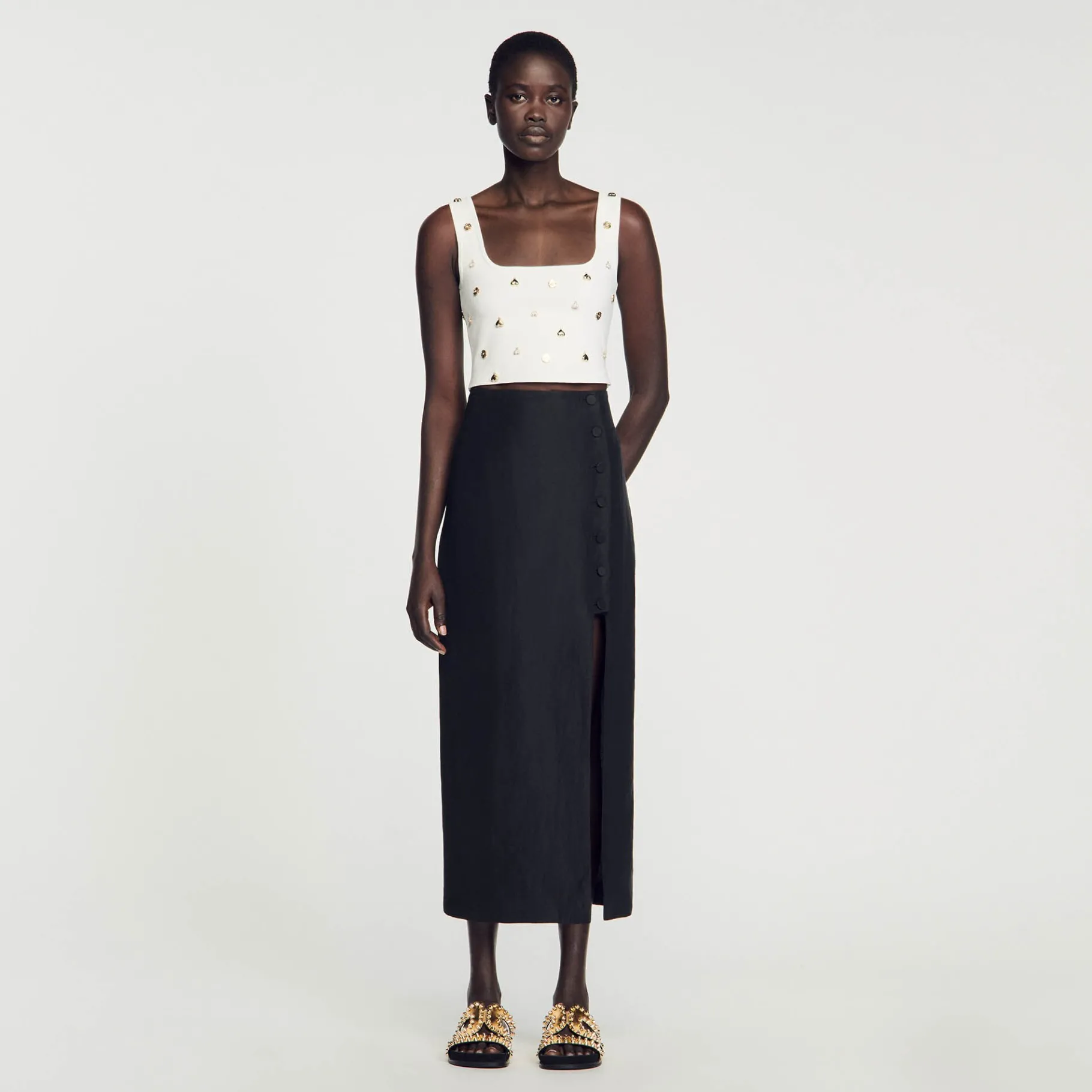 Flash Sale SANDRO Jupe Midi Fendue Noir