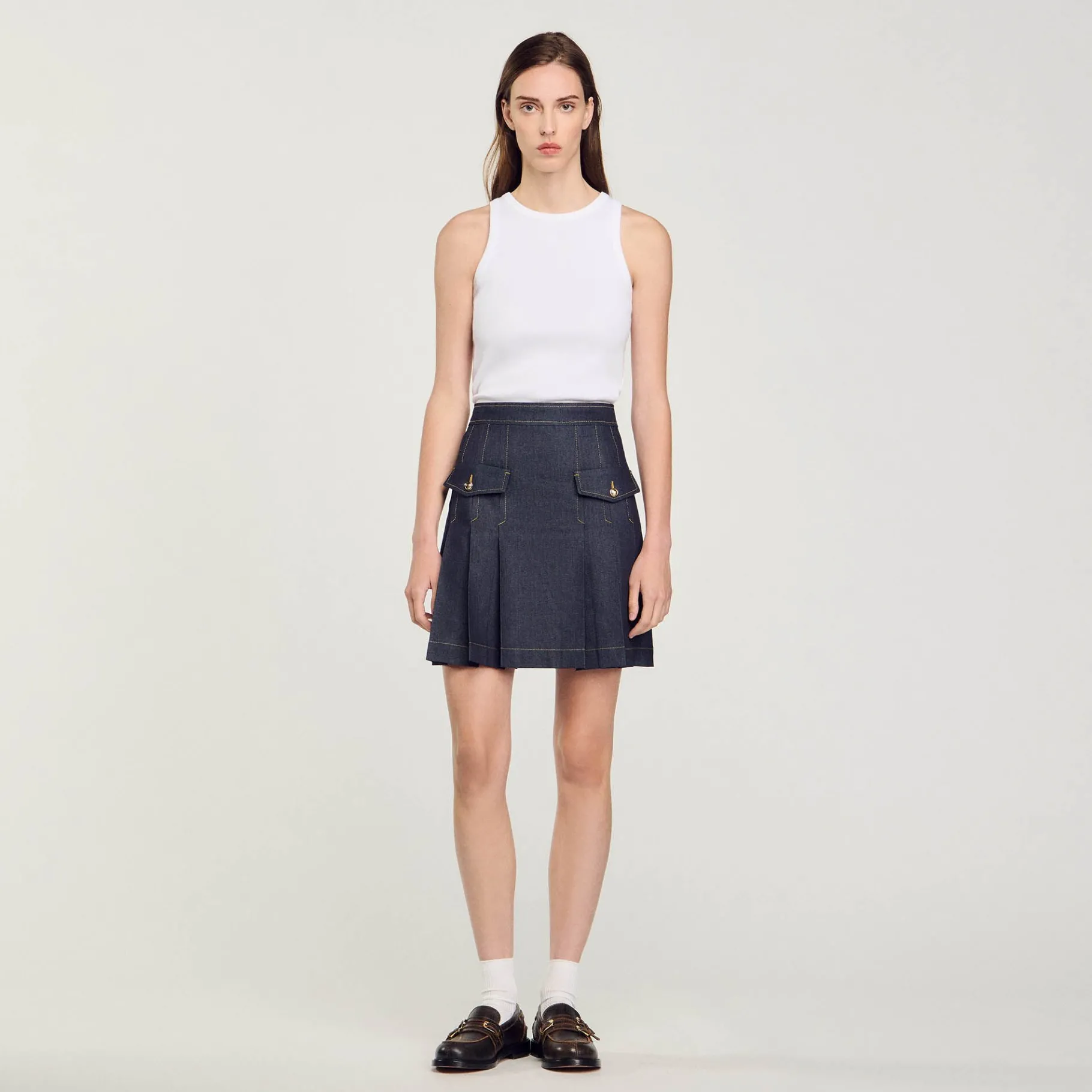 Cheap SANDRO Jupe Plissée En Jean Bleu brut