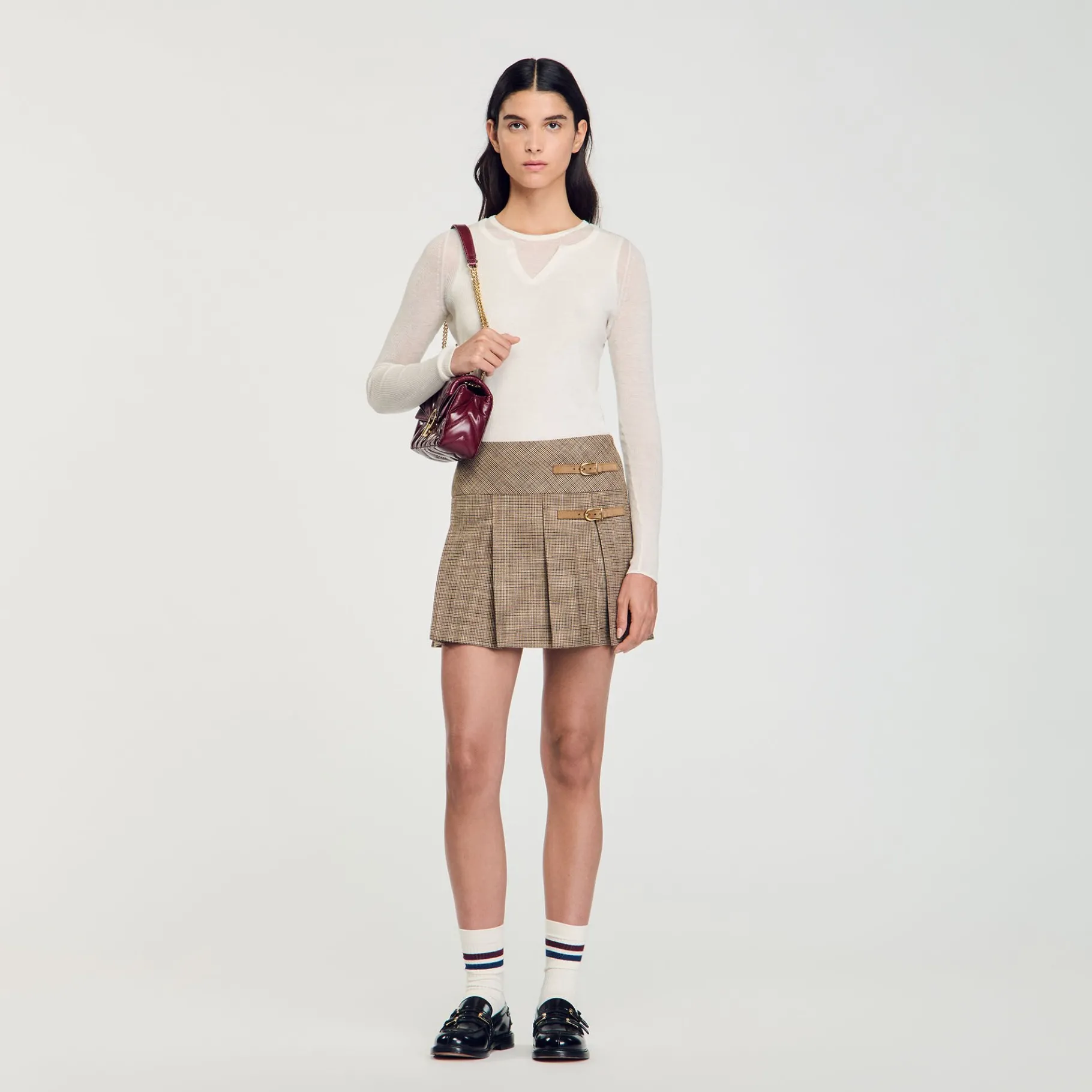 Fashion SANDRO Jupe Plissée Pied De Puce Marron