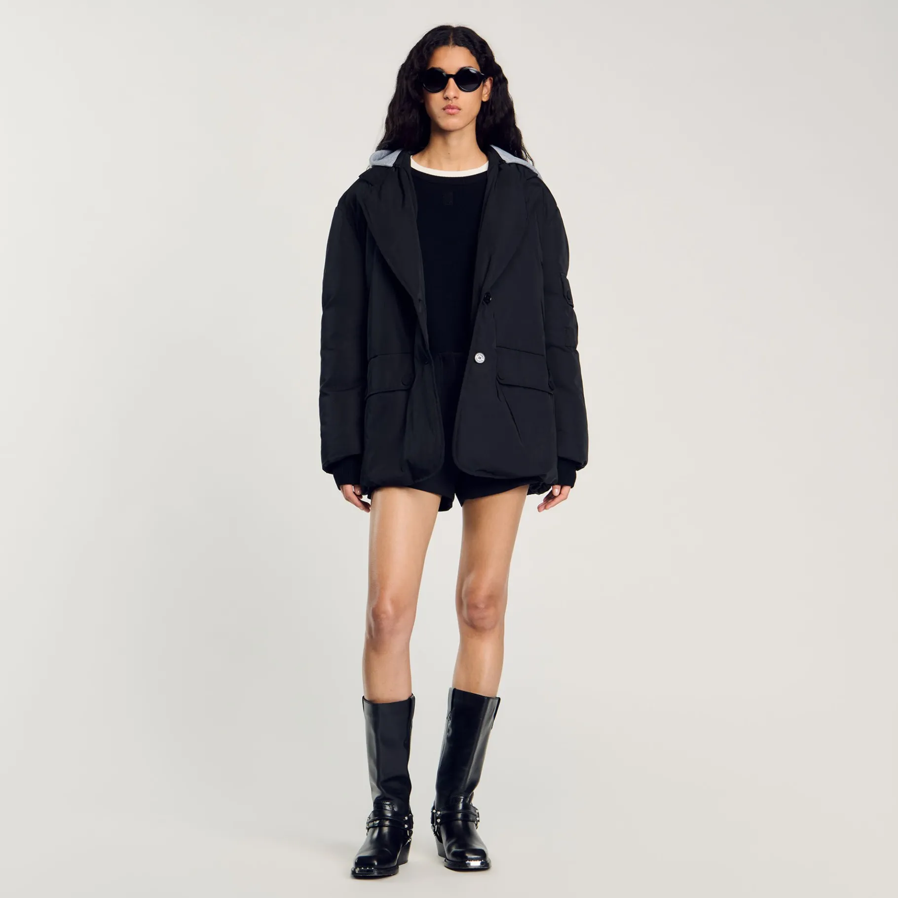 Discount SANDRO Manteau à Capuche Contrastée Noir