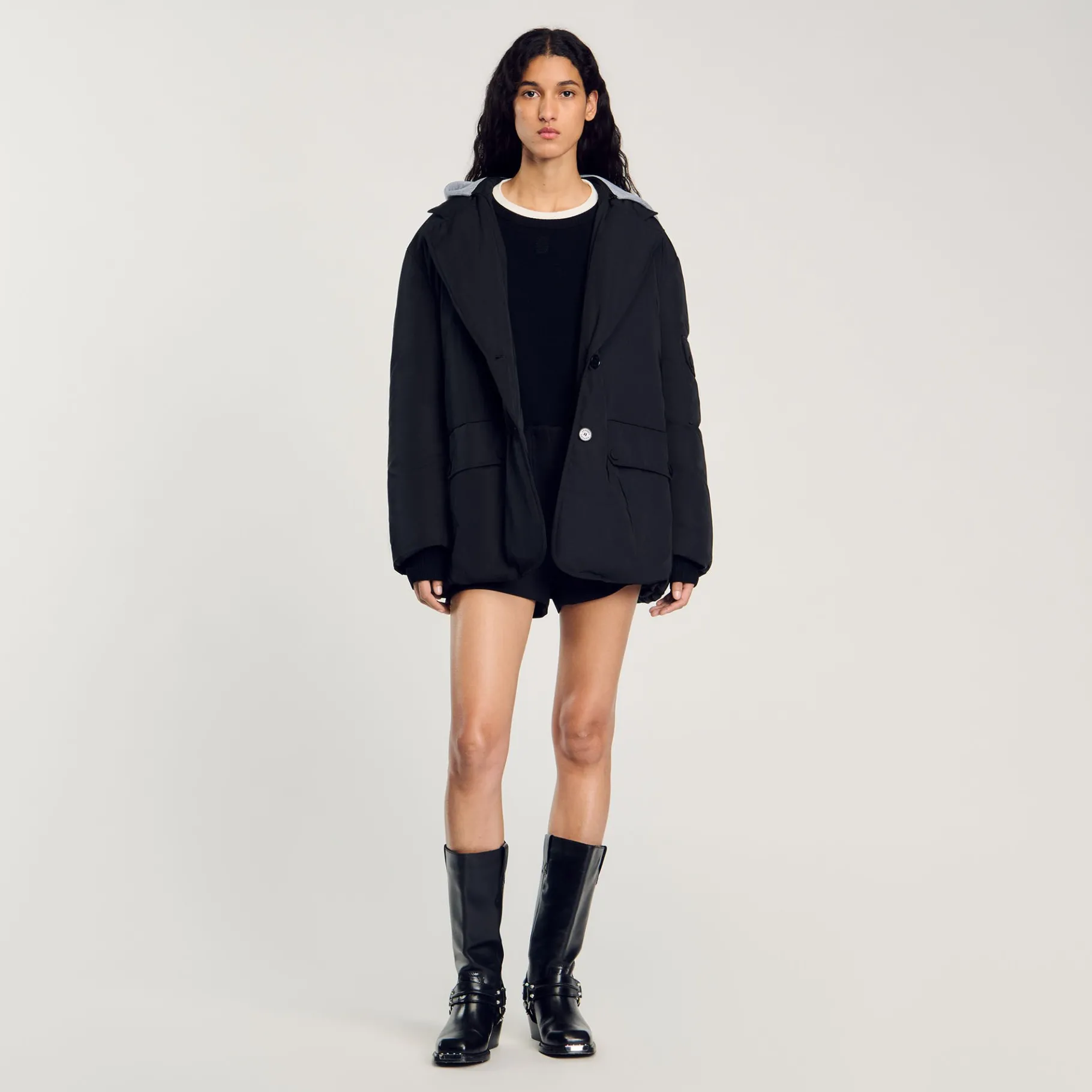 Discount SANDRO Manteau à Capuche Contrastée Noir