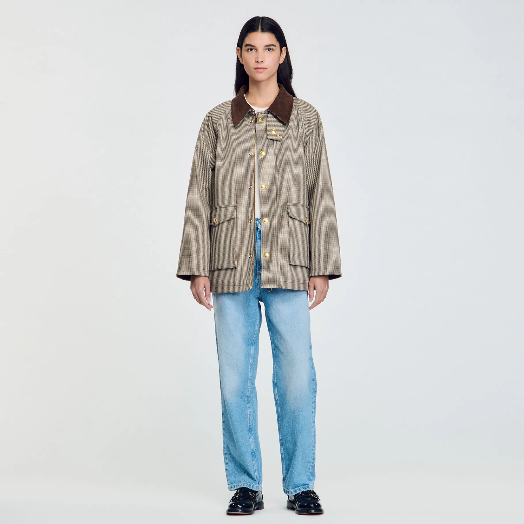 Cheap SANDRO Manteau à Carreaux Et Col Velours Marron