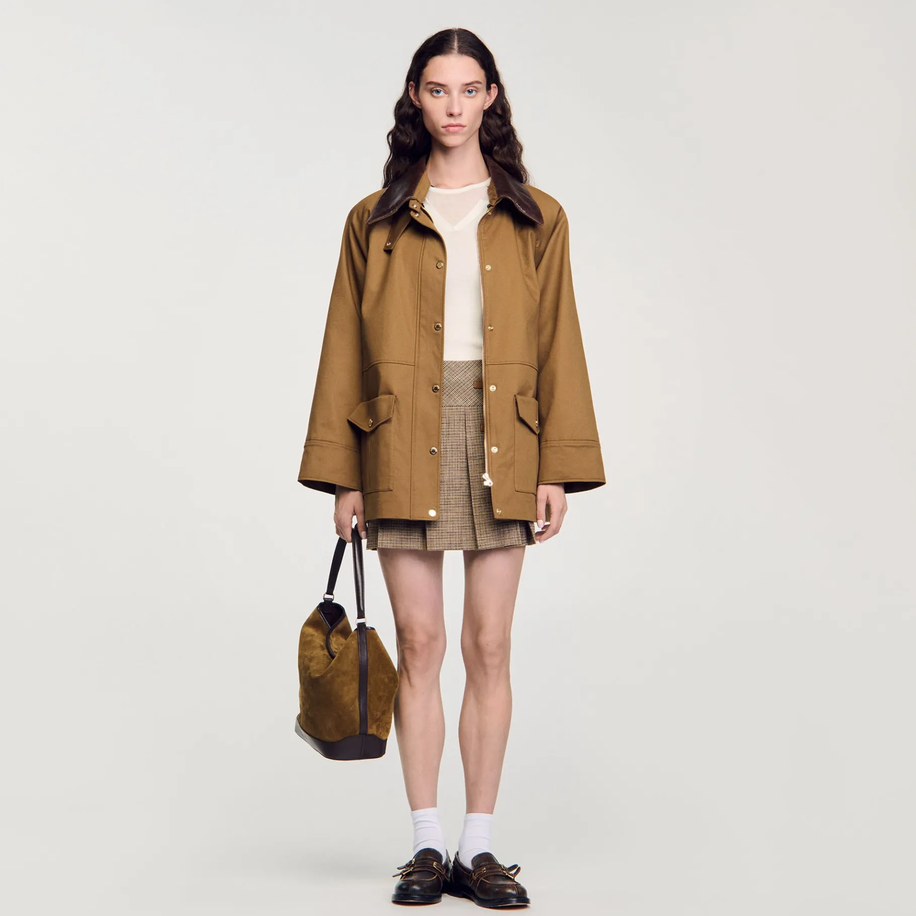 Online SANDRO Manteau Col En Cuir Glaise