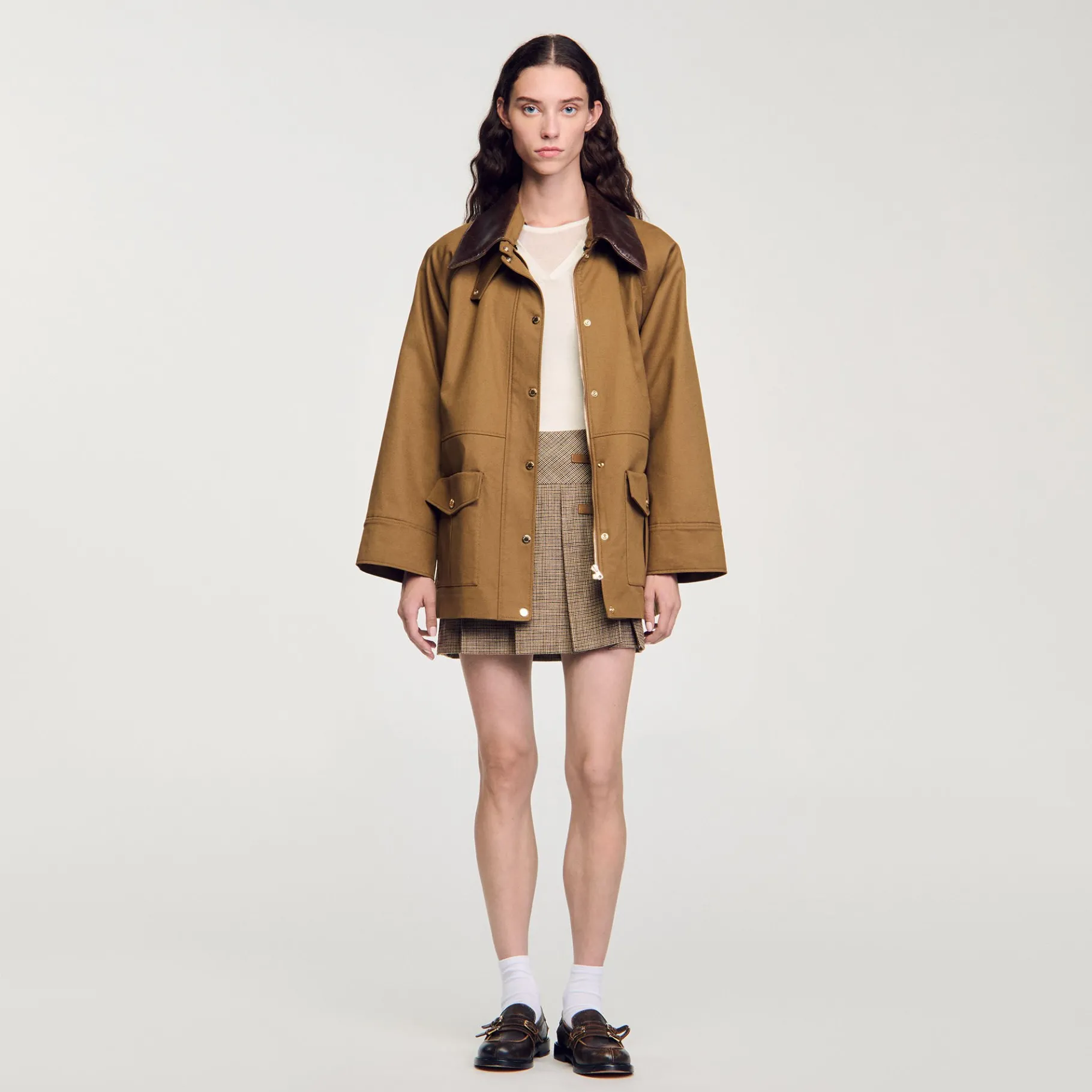Online SANDRO Manteau Col En Cuir Glaise