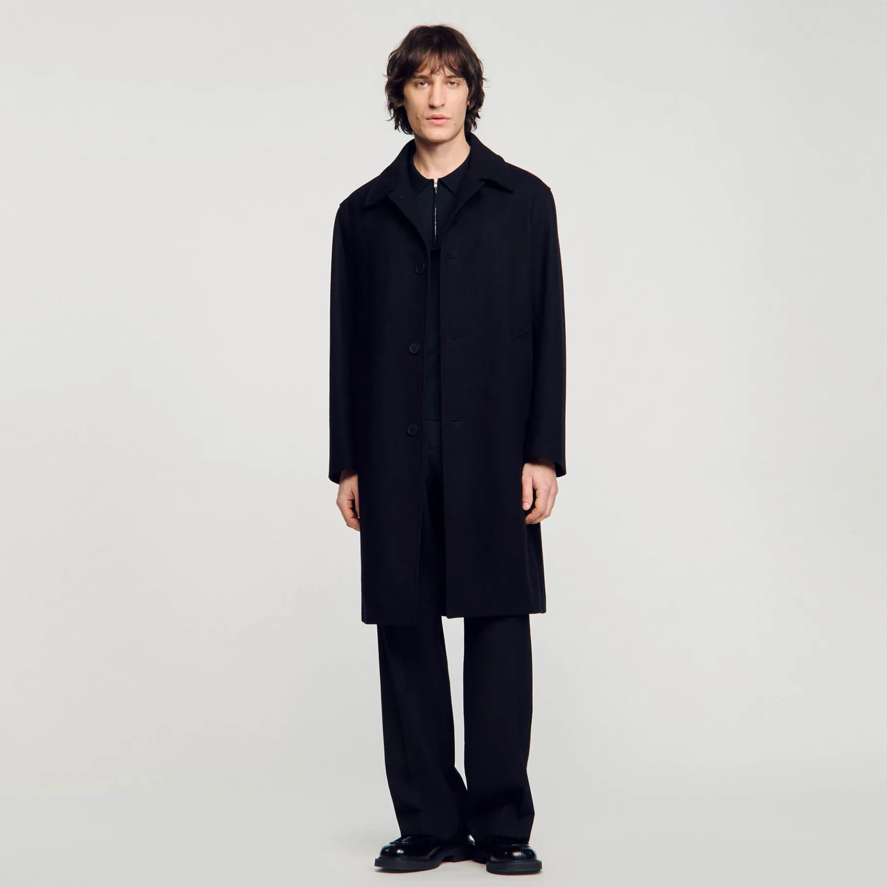 New SANDRO Manteau En Drap De Laine Noir
