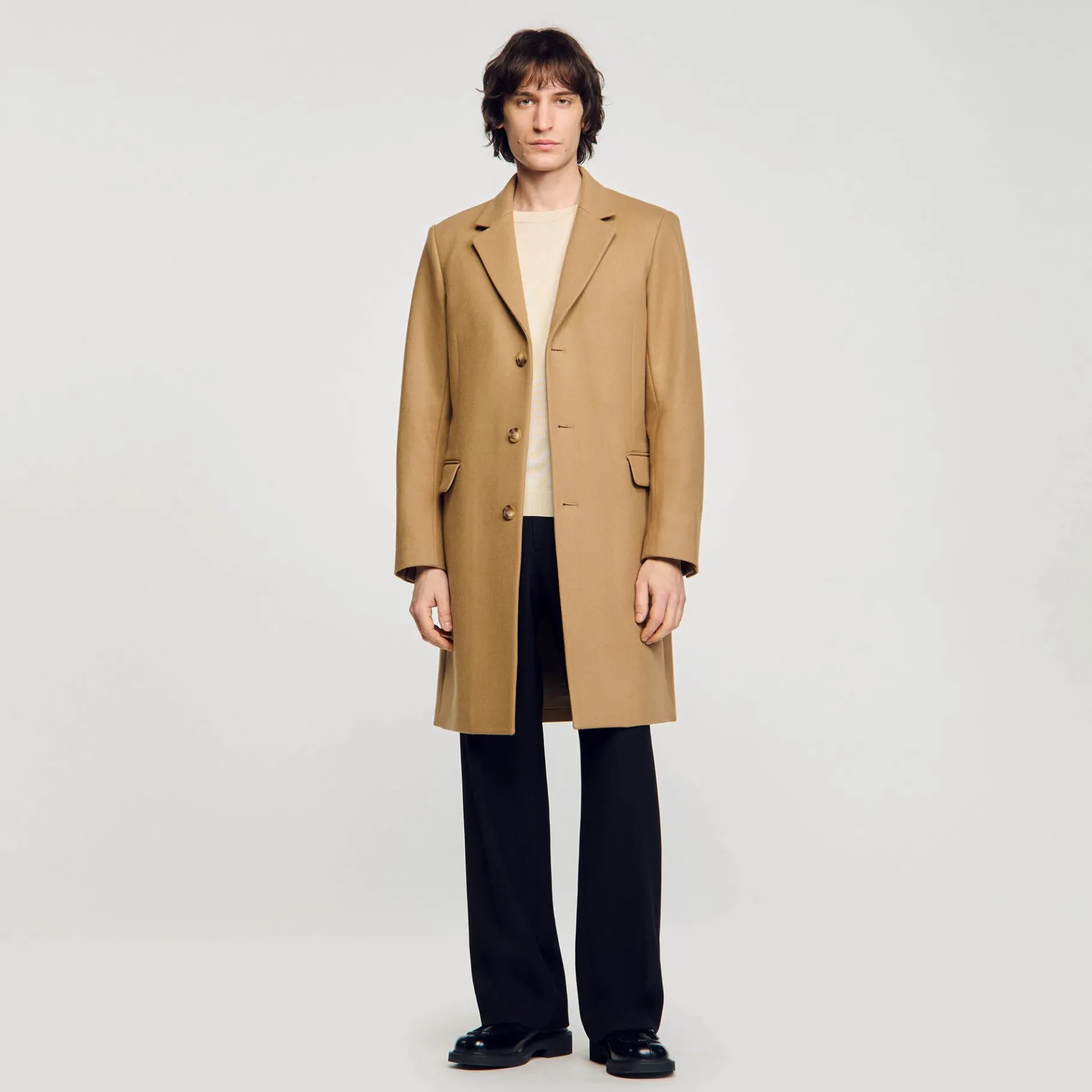 Sale SANDRO Manteau En Drap De Laine Beige