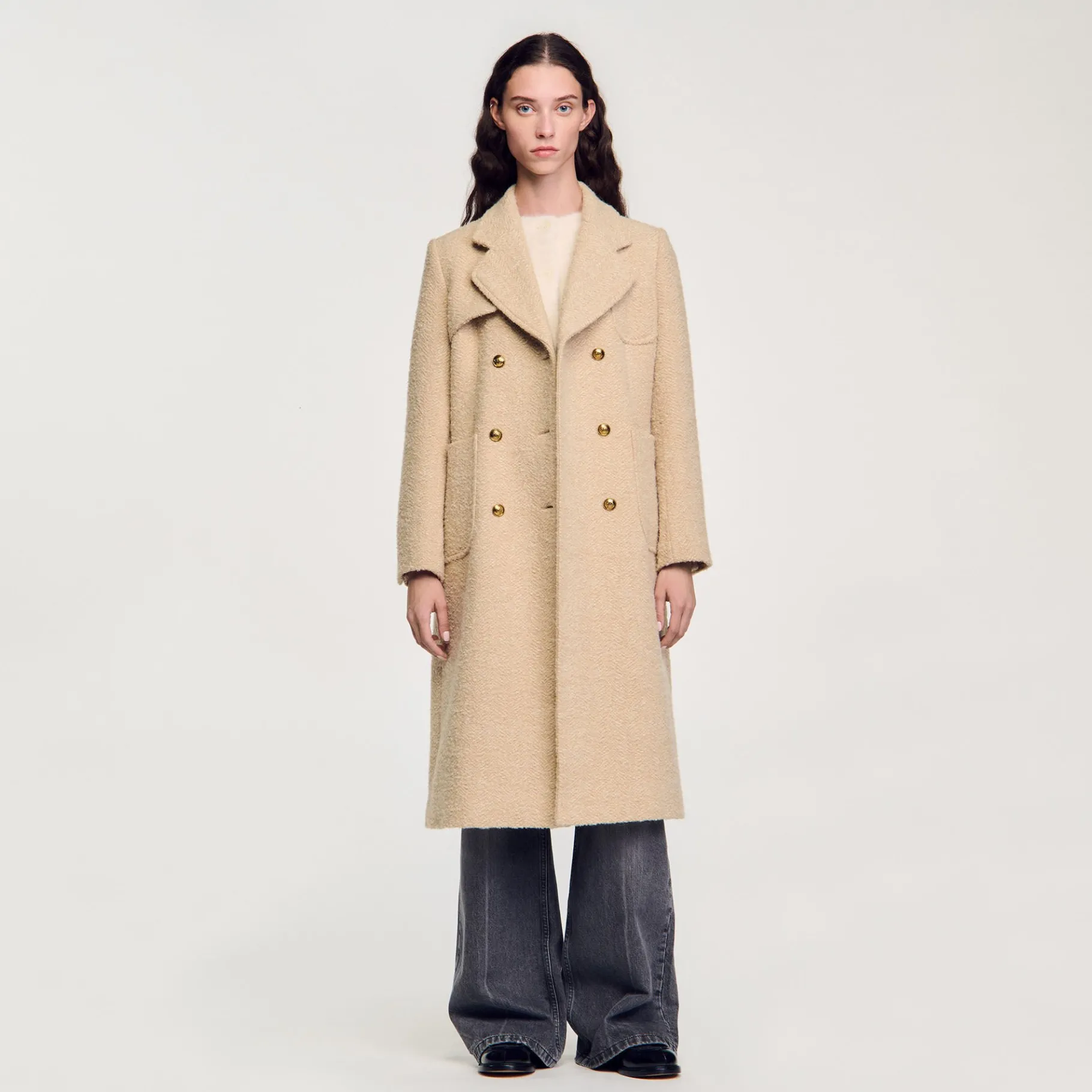 Store SANDRO Manteau Long à Boutonnage Croisé Beige