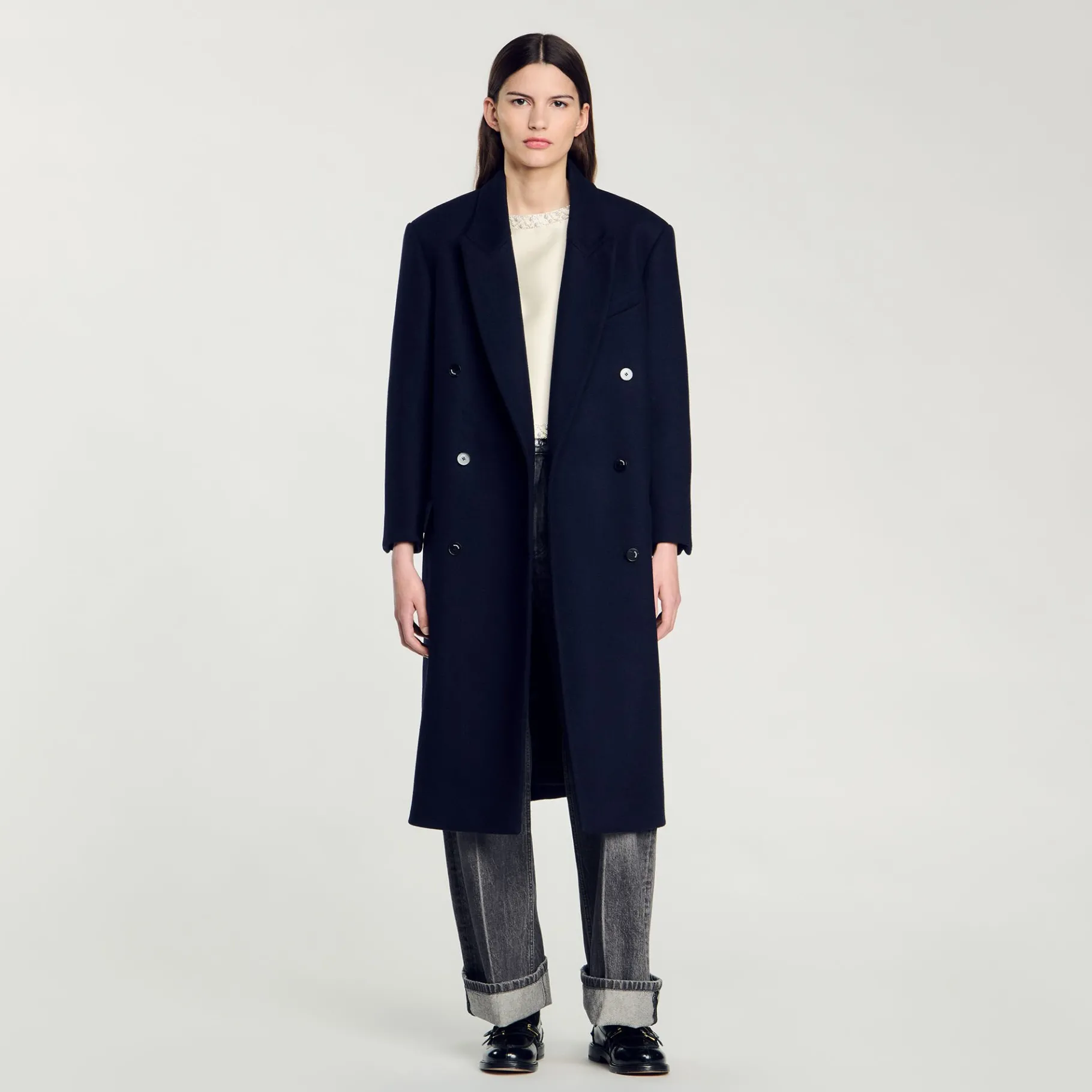 Flash Sale SANDRO Manteau Long En Laine Mélangée Marine