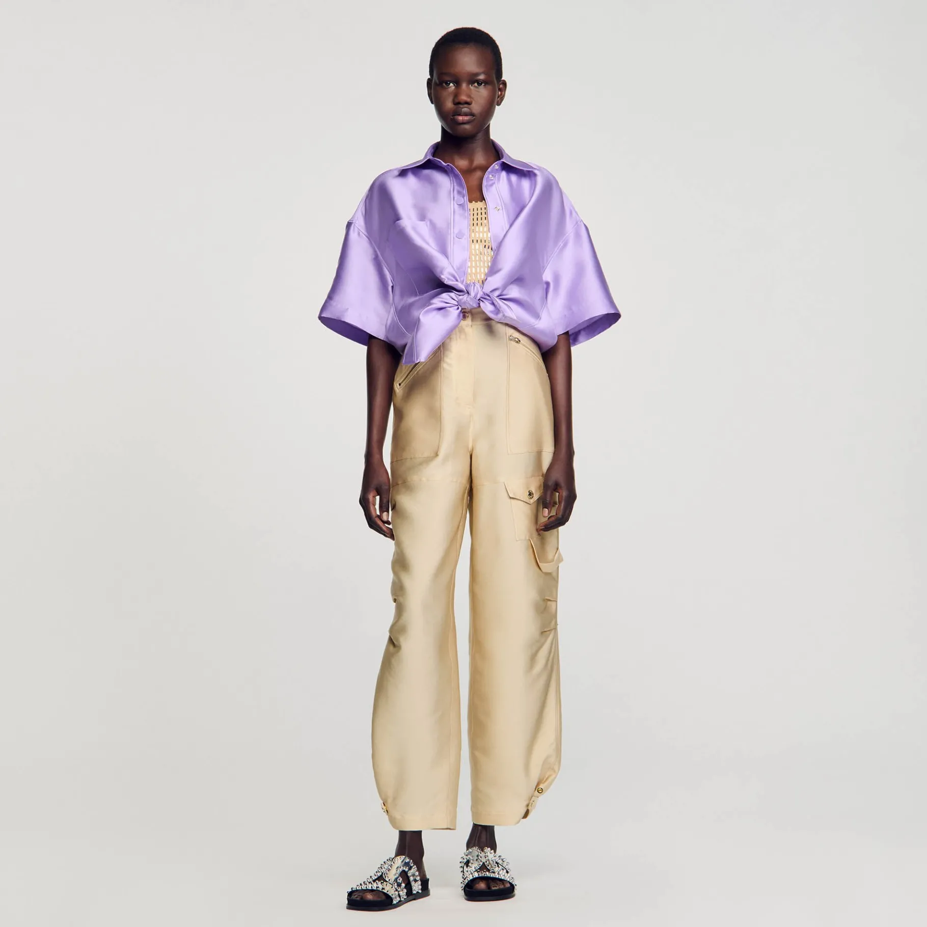 Clearance SANDRO Pantalon Cargo Satiné Beige