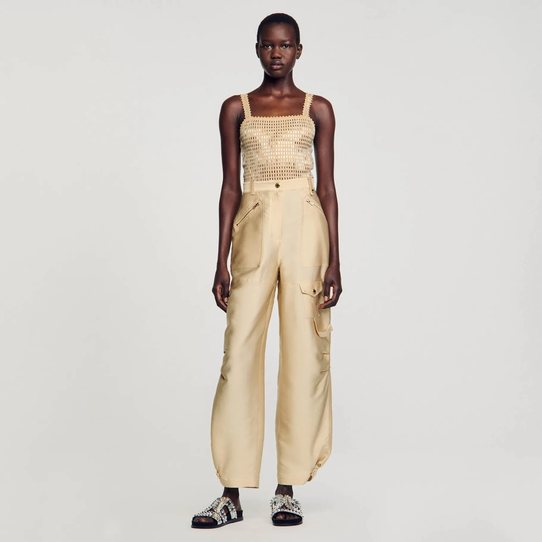 Clearance SANDRO Pantalon Cargo Satiné Beige