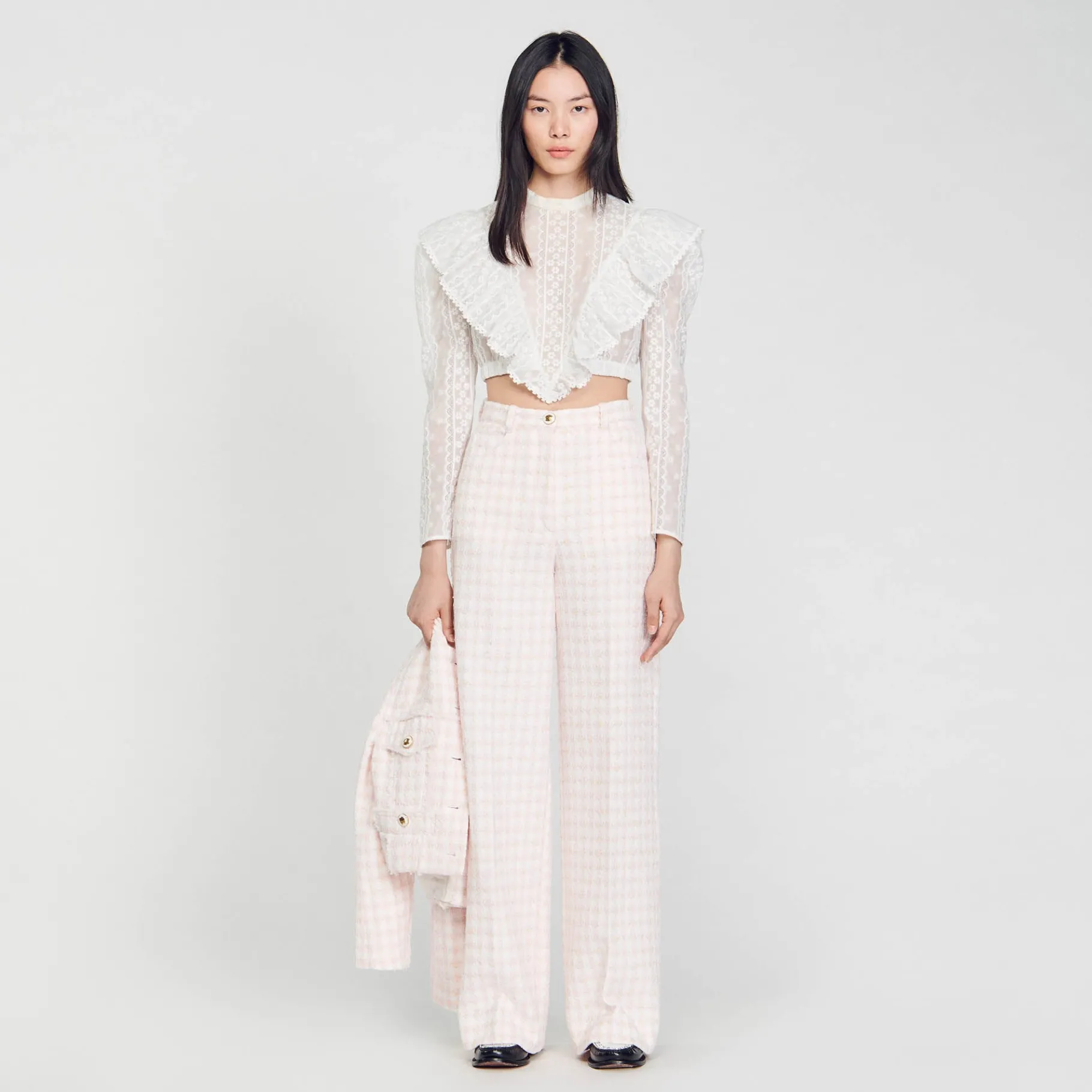 Online SANDRO Pantalon De Costume En Tweed Rose Clair