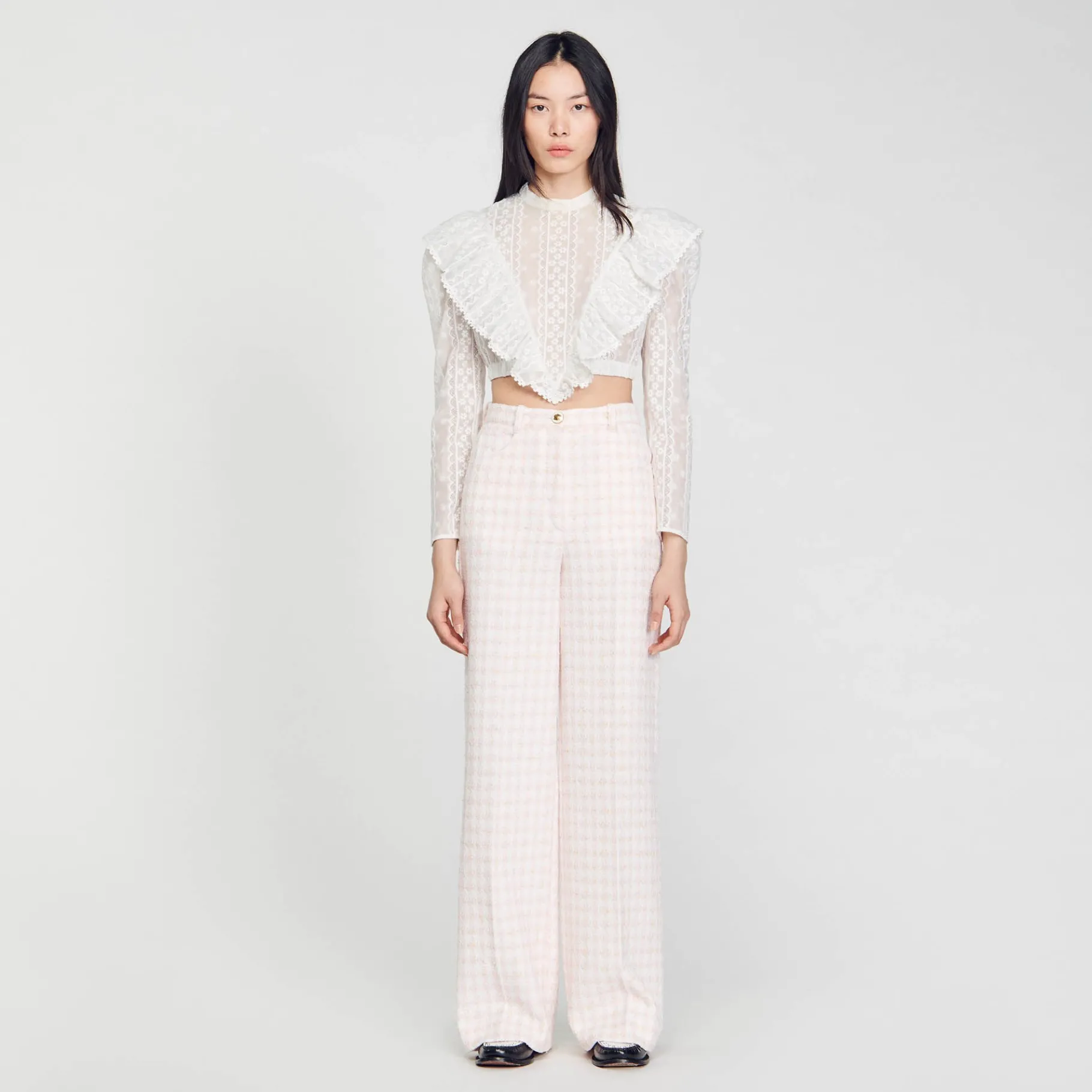 Online SANDRO Pantalon De Costume En Tweed Rose Clair