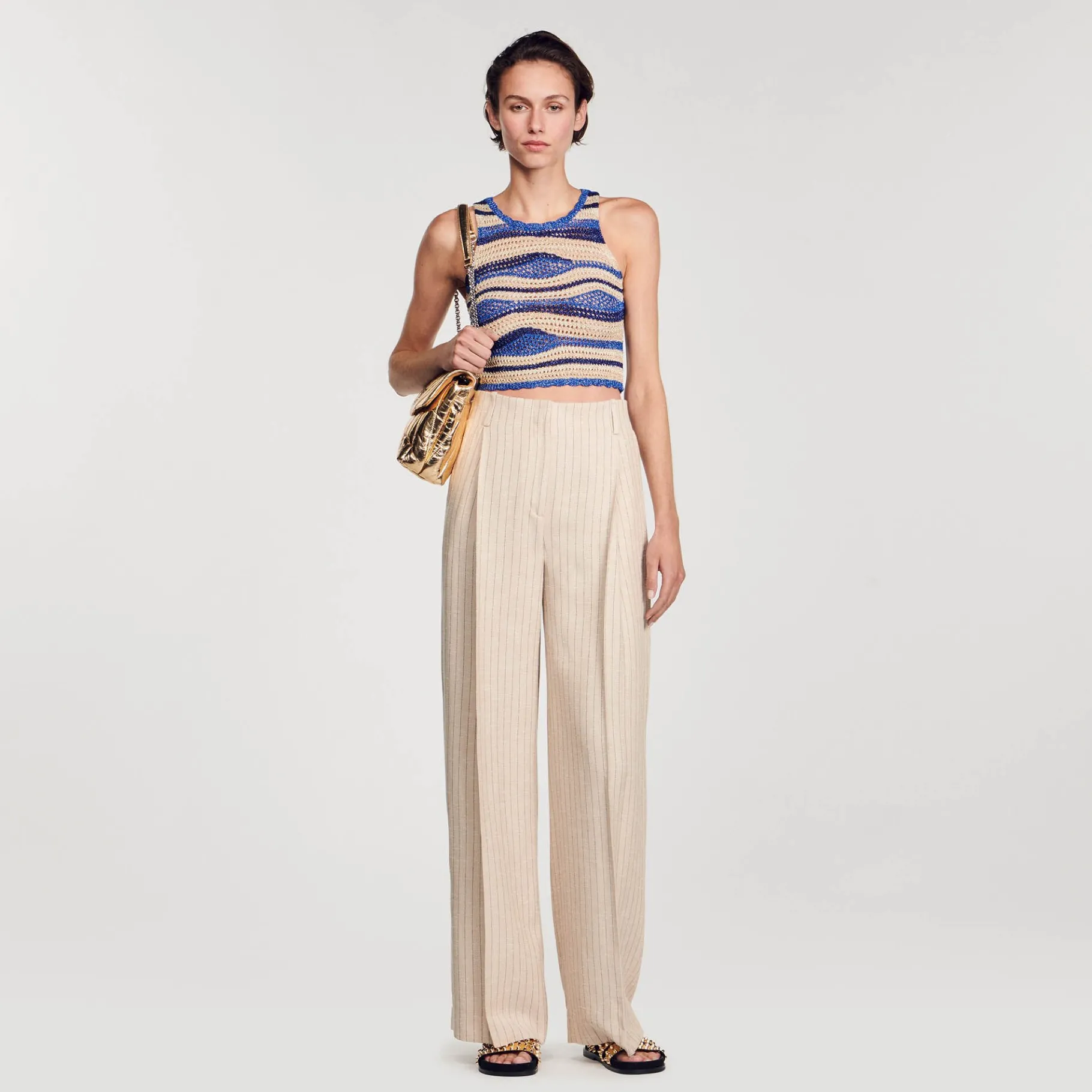 Outlet SANDRO Pantalon De Costume Large à Rayures Beige
