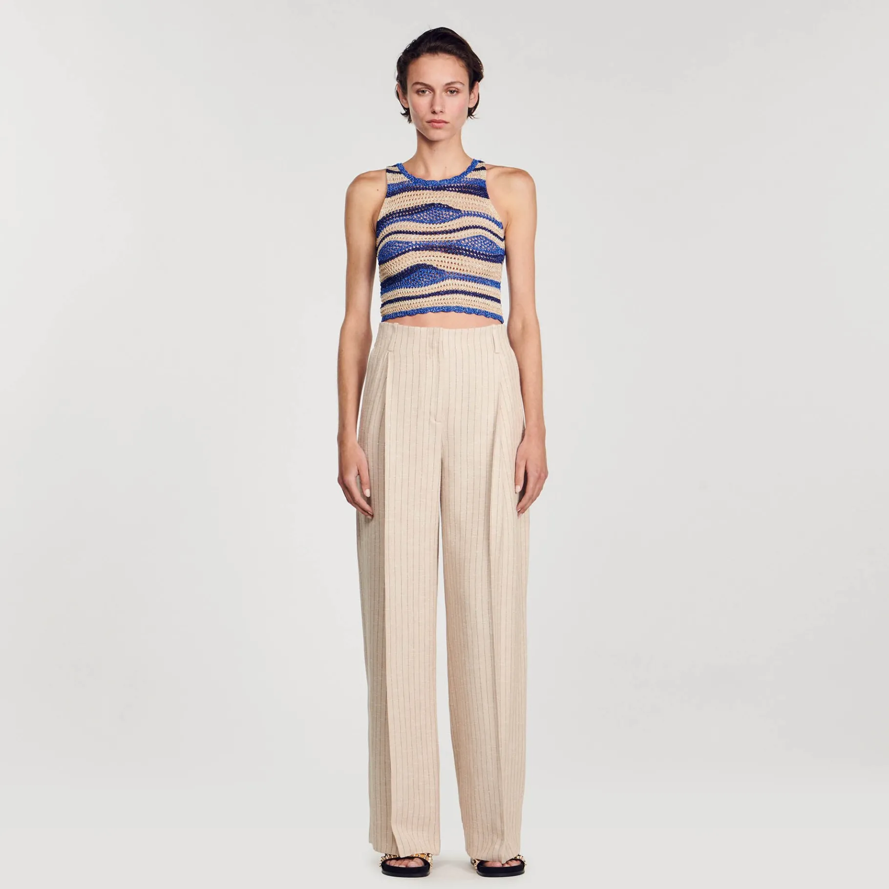Outlet SANDRO Pantalon De Costume Large à Rayures Beige