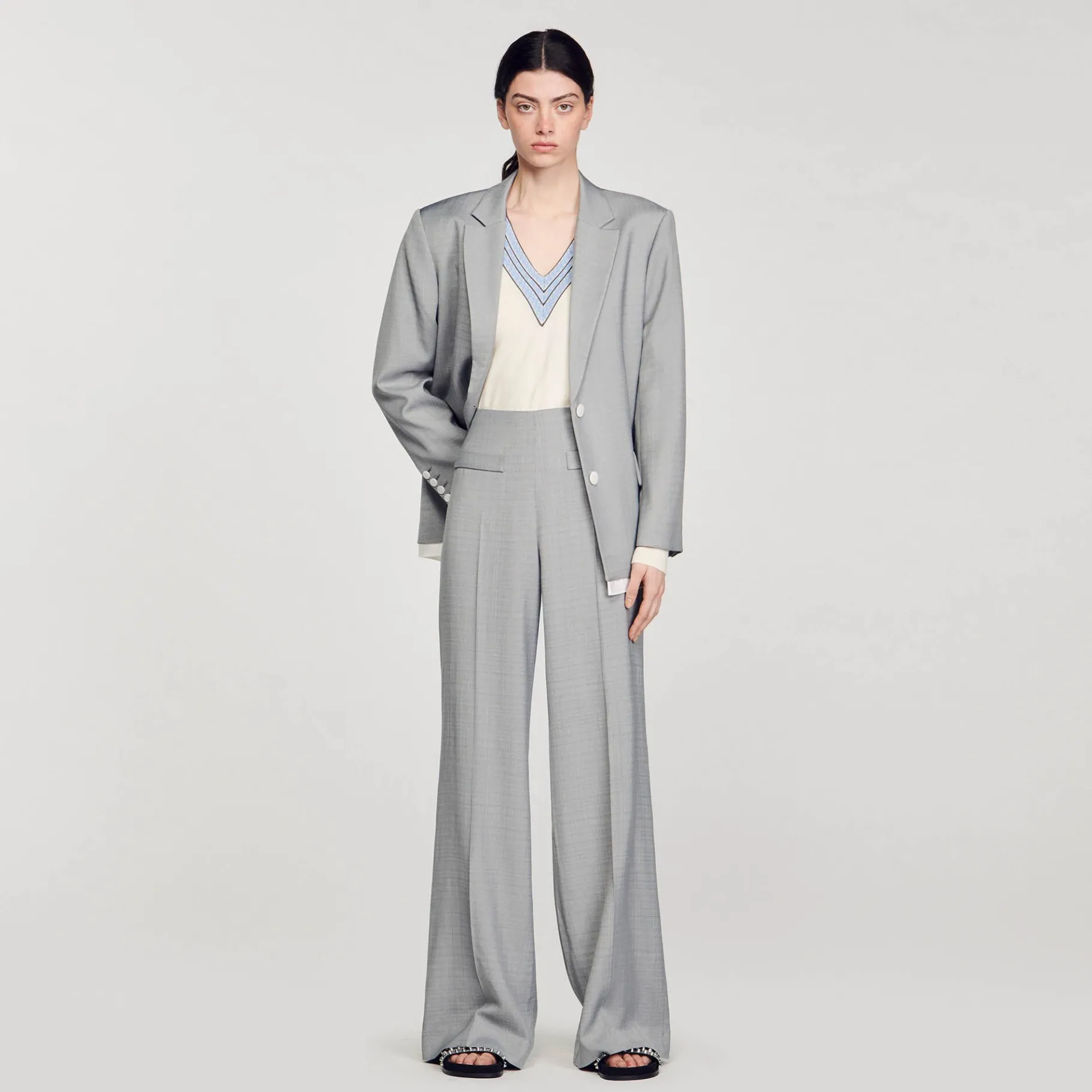 New SANDRO Pantalon De Costume évasé Taille Haute Gris Clair