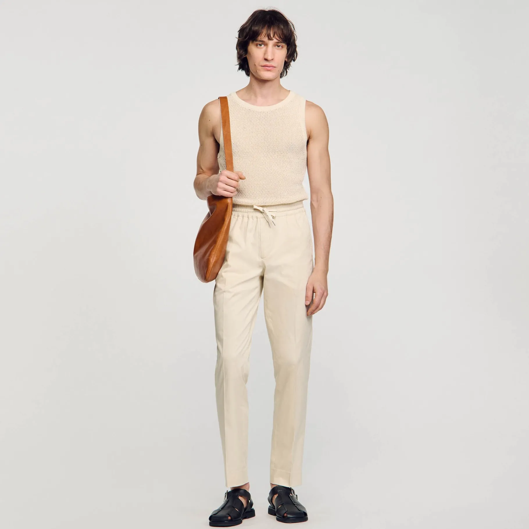 Fashion SANDRO Pantalon Droit élastiqué Beige Clair