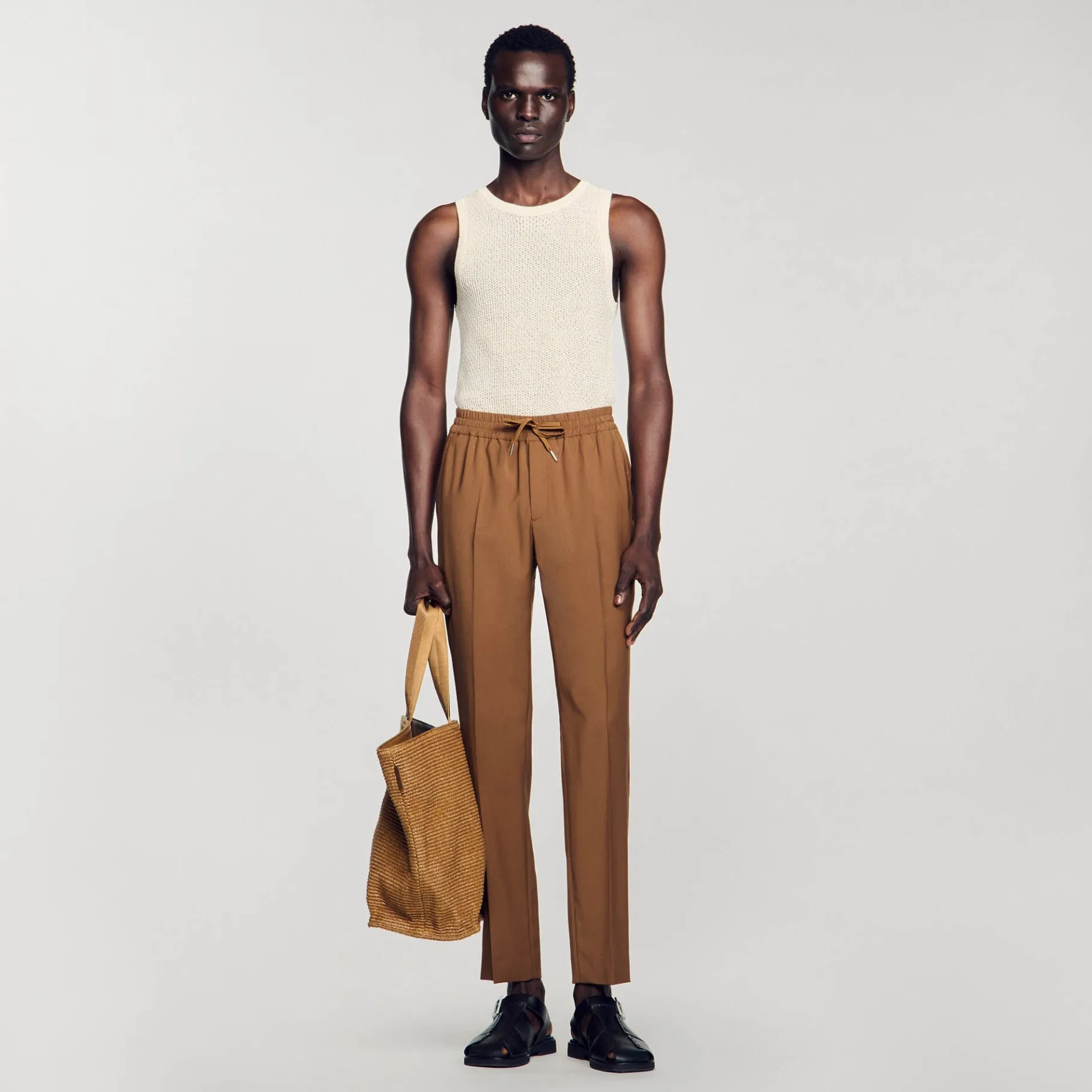 Shop SANDRO Pantalon Droit élastiqué Camel