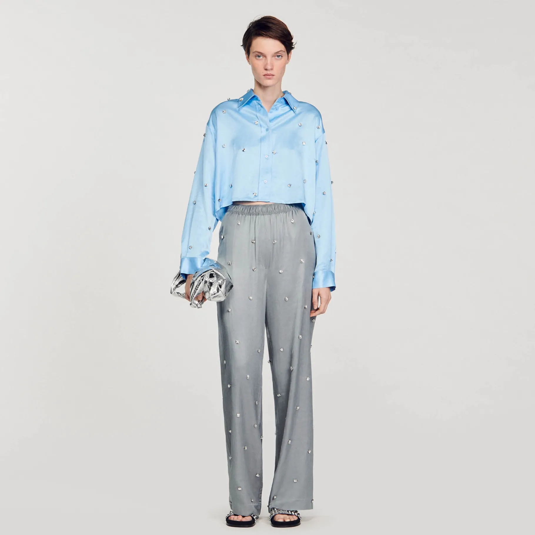Shop SANDRO Pantalon En Lin Orné De Strass Gris