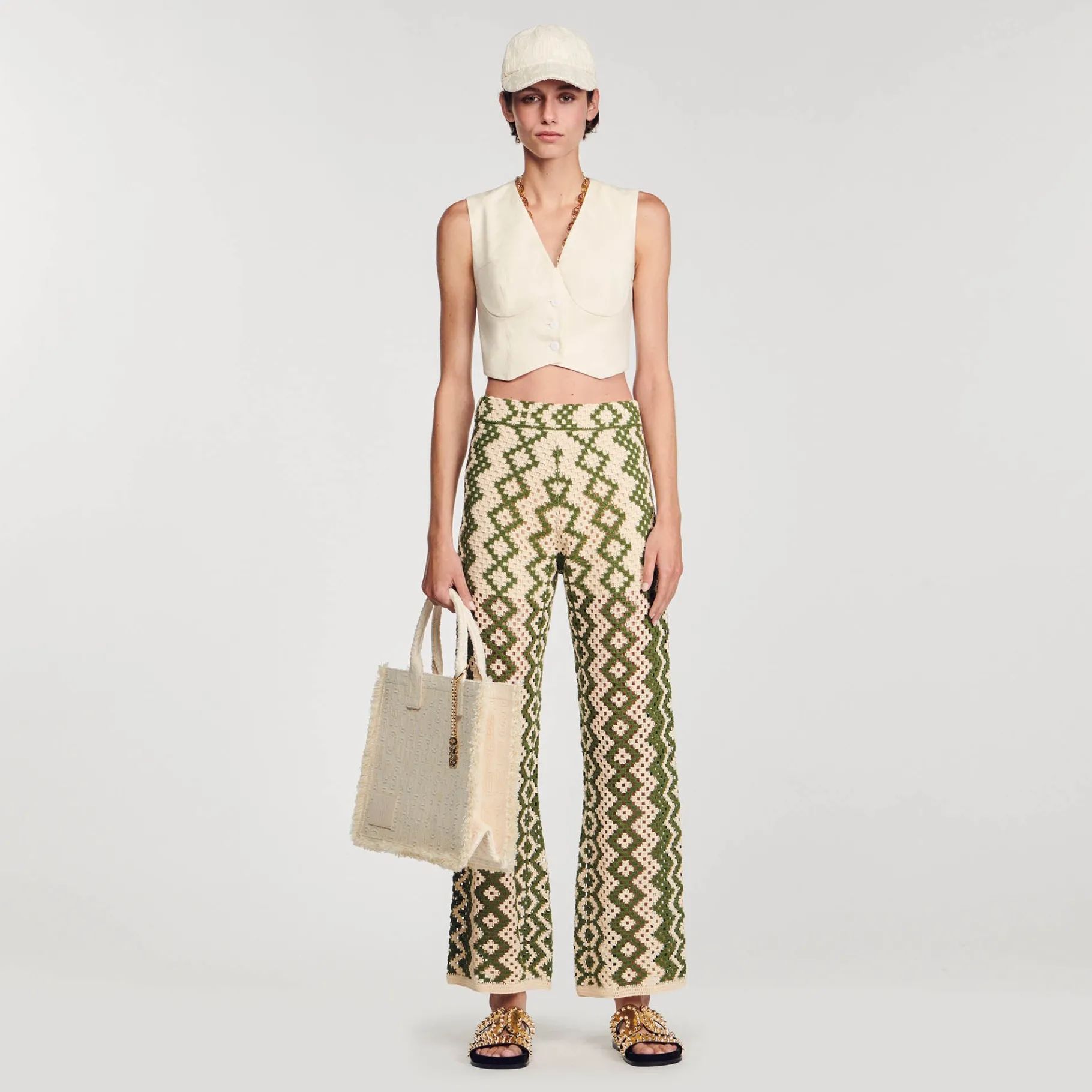 Online SANDRO Pantalon En Maille Ecru / Kaki
