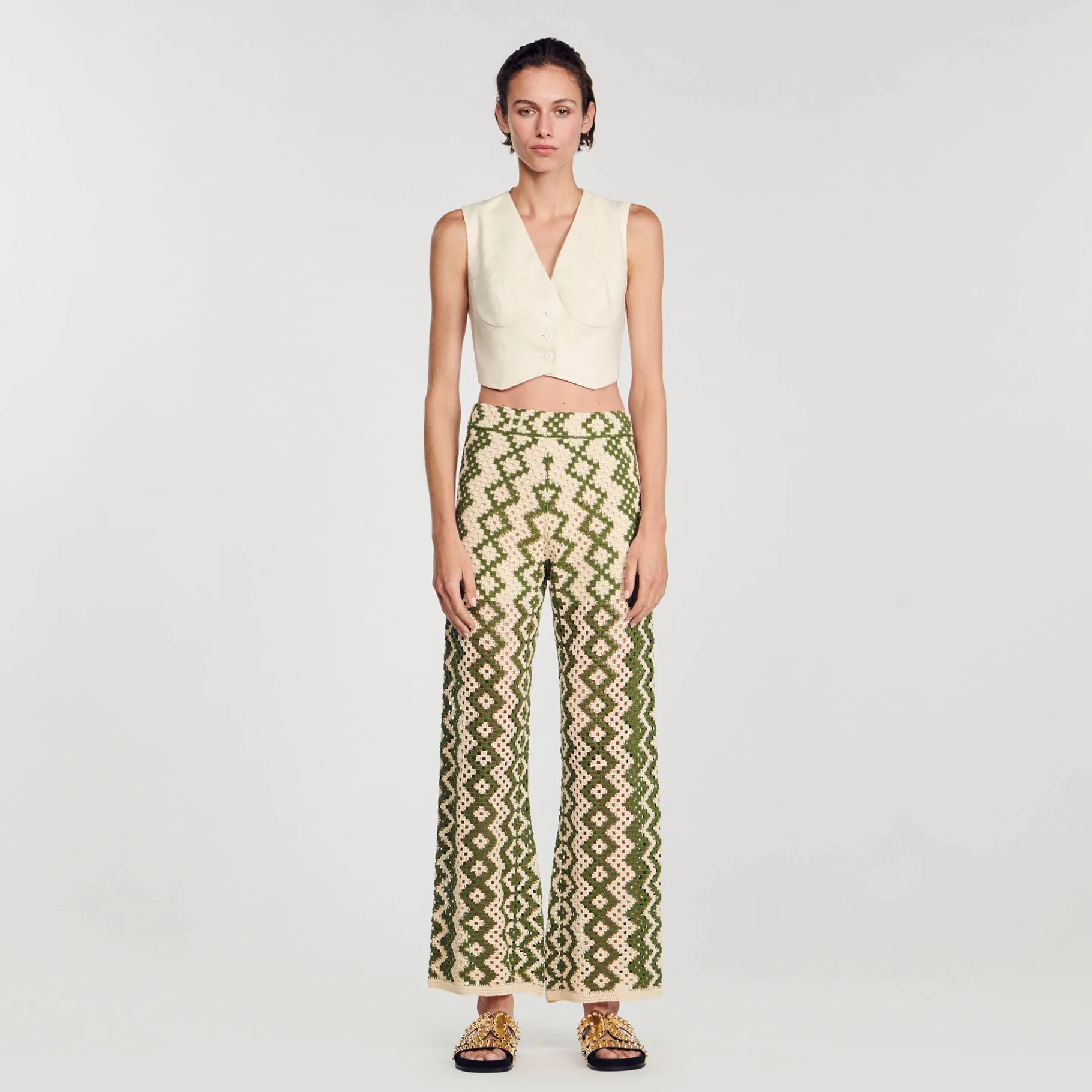 Online SANDRO Pantalon En Maille Ecru / Kaki