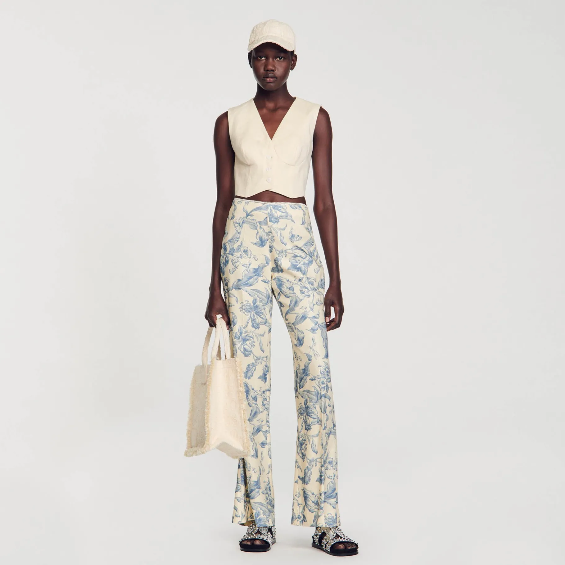 Sale SANDRO Pantalon Fluide Imprimé Ecru / Bleu